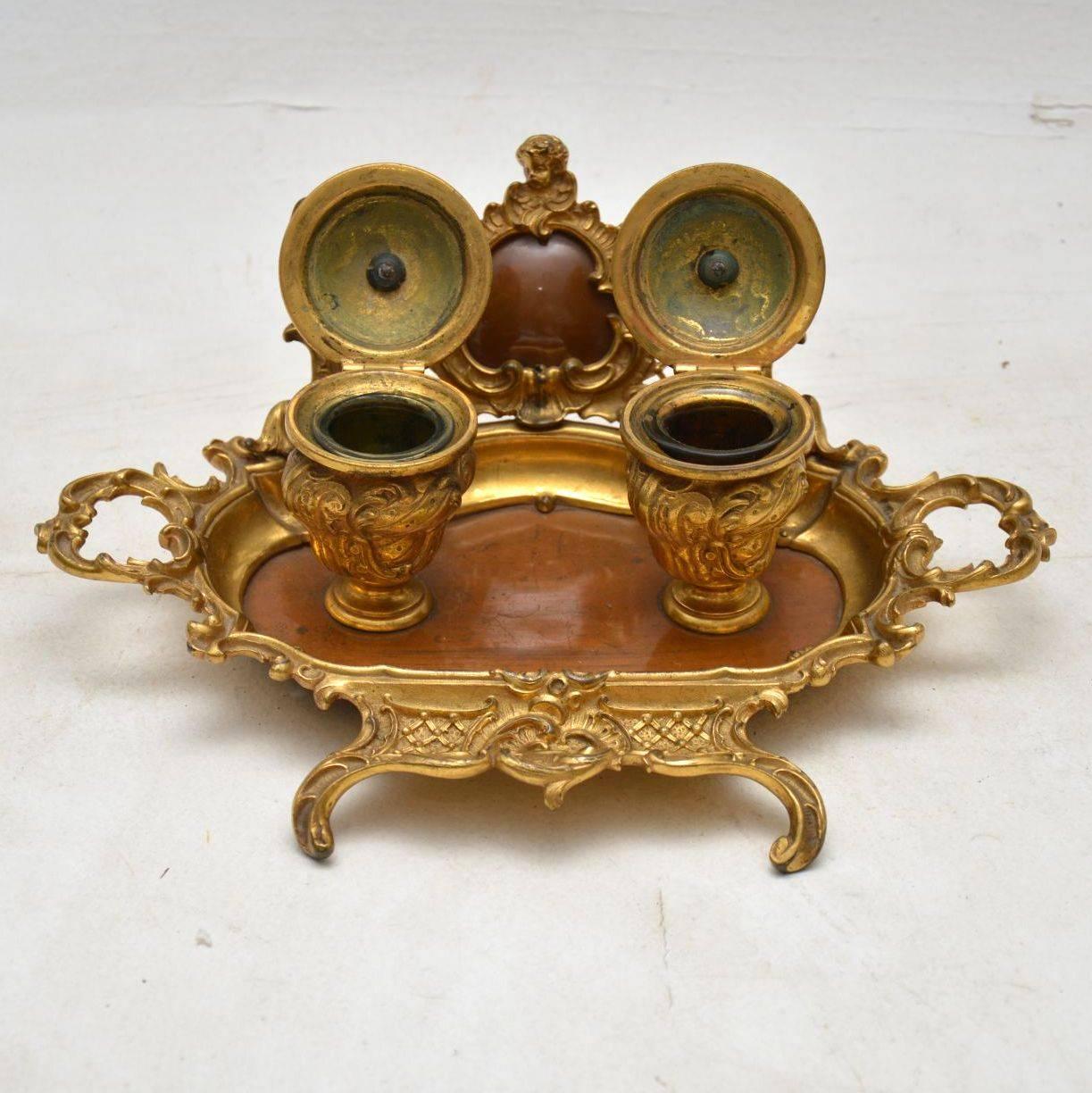 Victorian Antique French Gilt Bronze and Walnut Inkwell