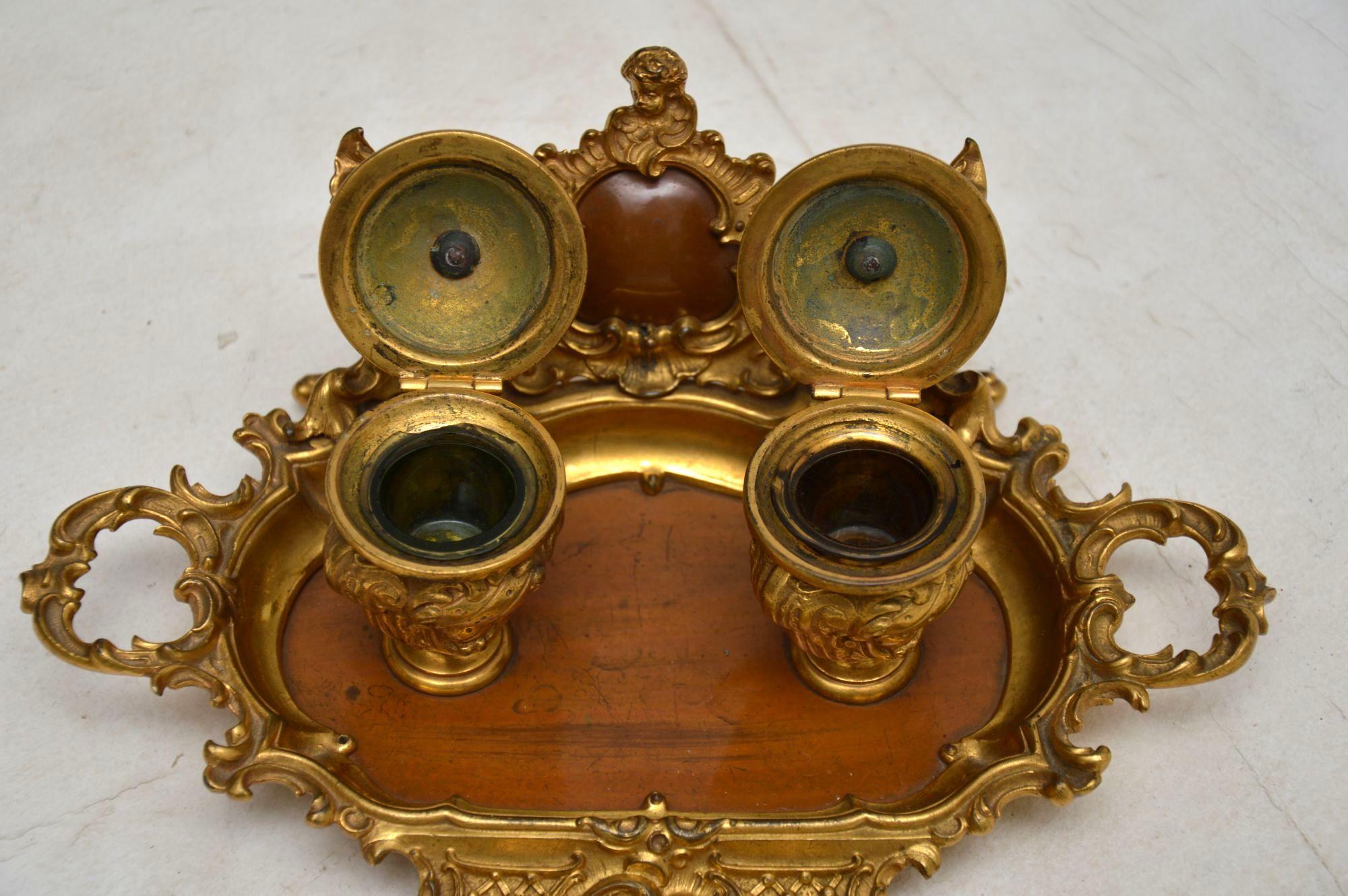 Mid-19th Century Antique French Gilt Bronze and Walnut Inkwell