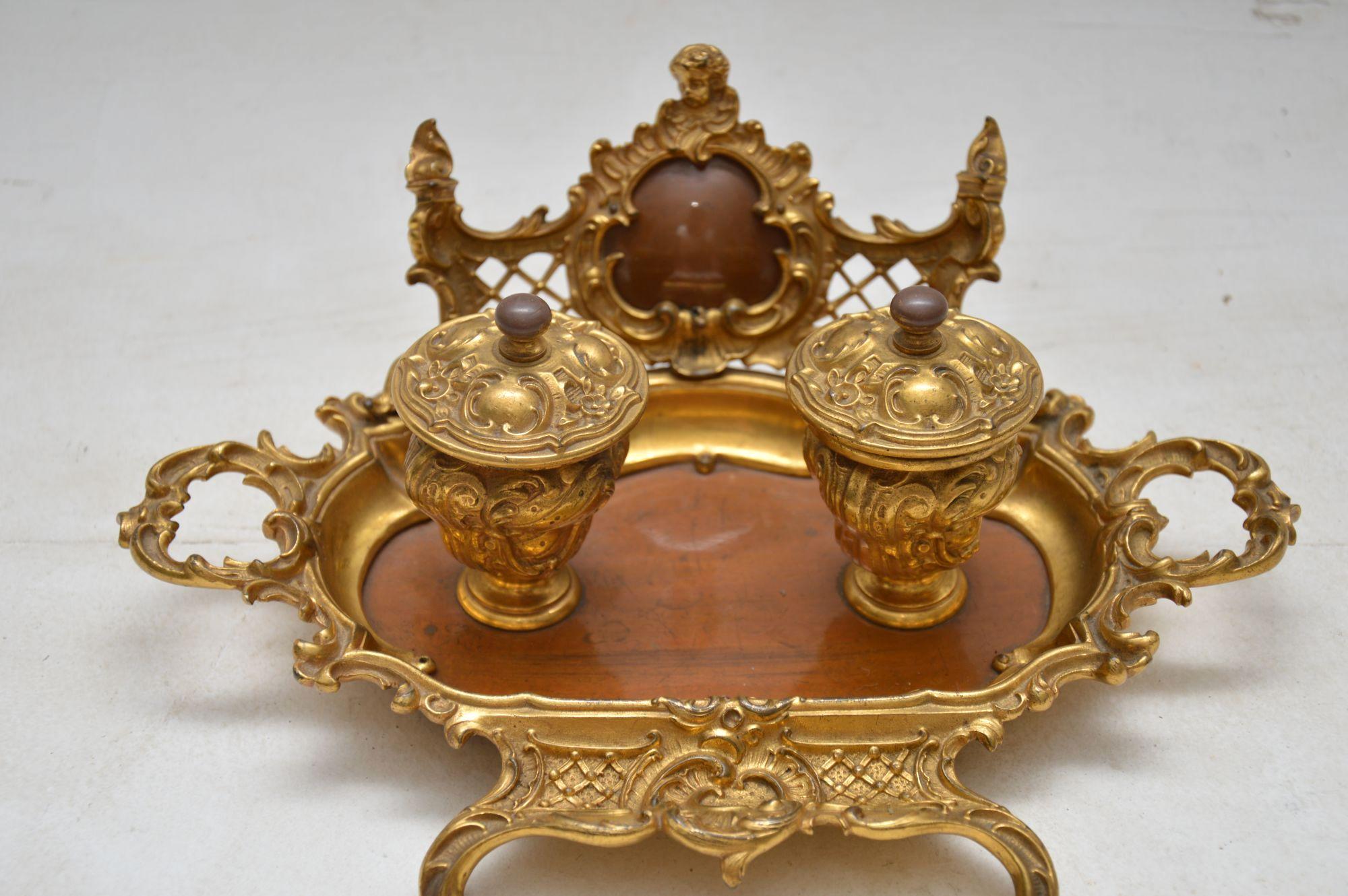 Antique French Gilt Bronze and Walnut Inkwell 1
