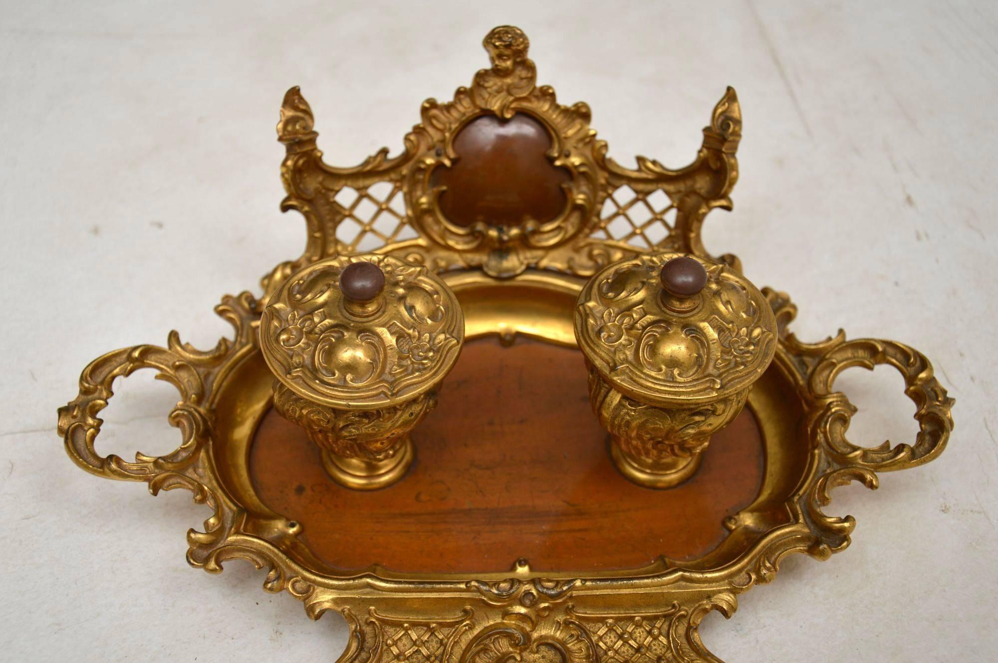 Antique French Gilt Bronze and Walnut Inkwell 1