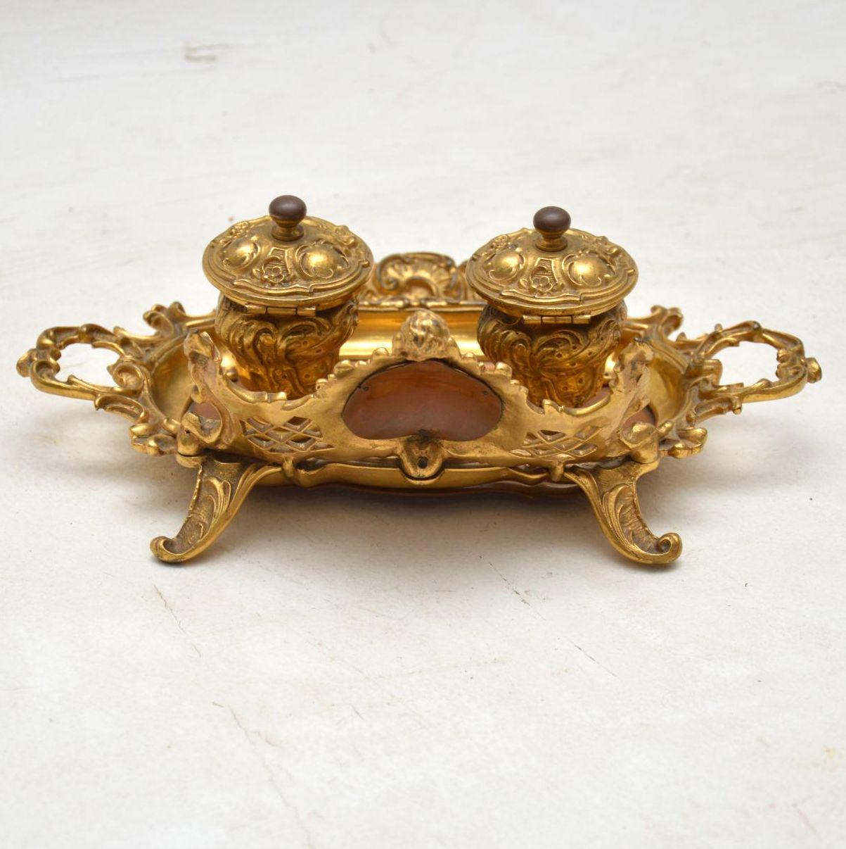 Antique French Gilt Bronze and Walnut Inkwell 2