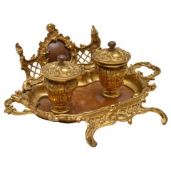 Antique French Gilt Bronze and Walnut Inkwell