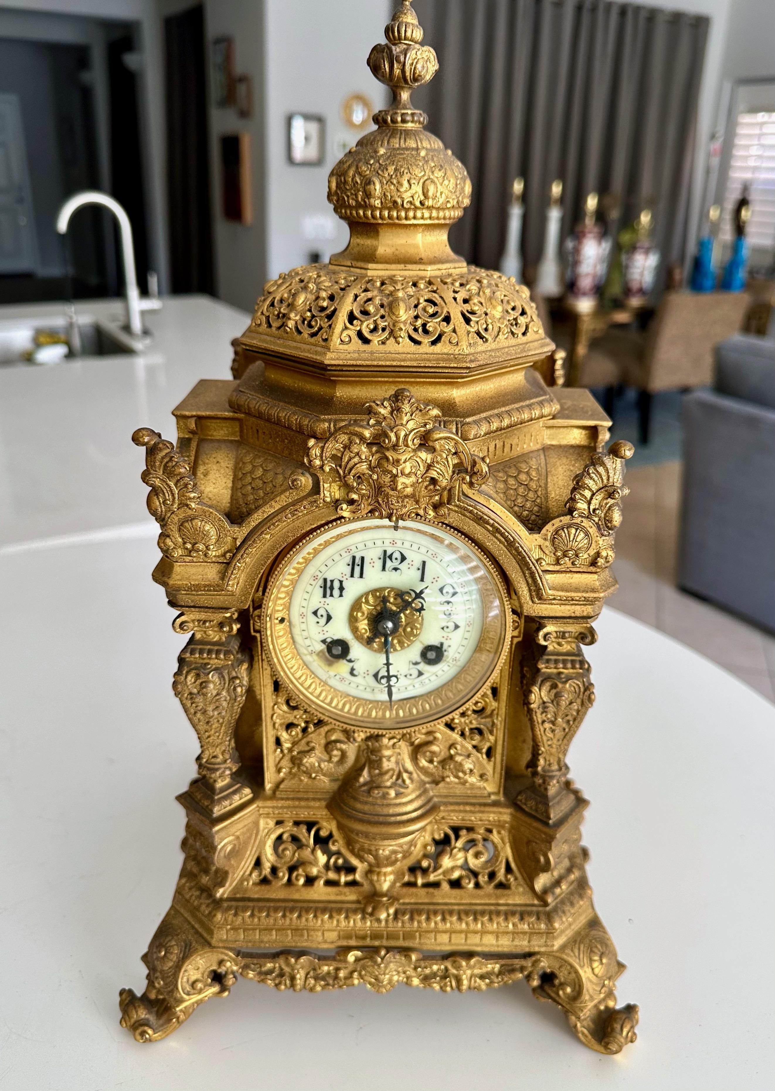 Antique French Gilt Bronze Architectural Clock by S. Marti In Fair Condition For Sale In Palm Springs, CA