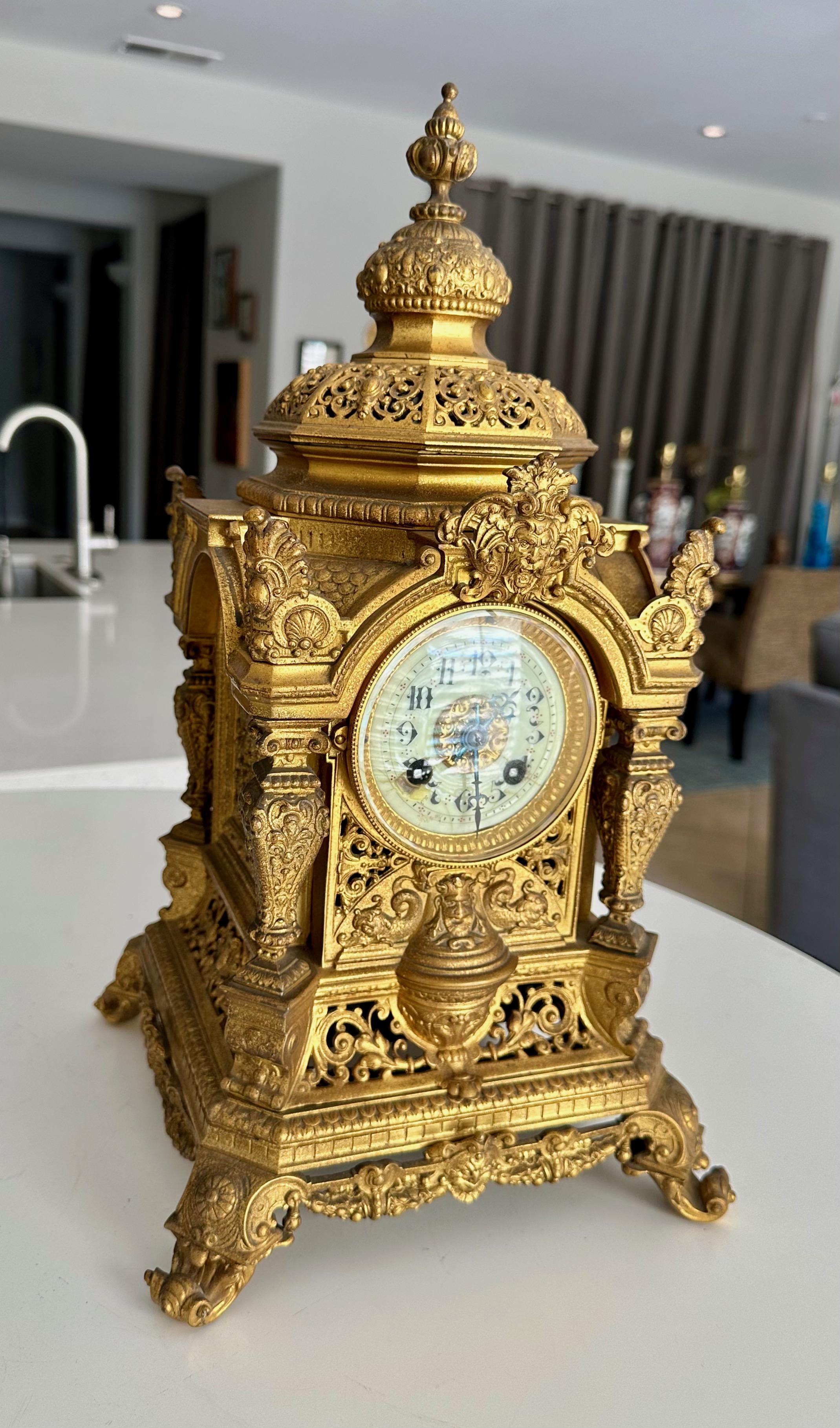 19th Century Antique French Gilt Bronze Architectural Clock by S. Marti For Sale