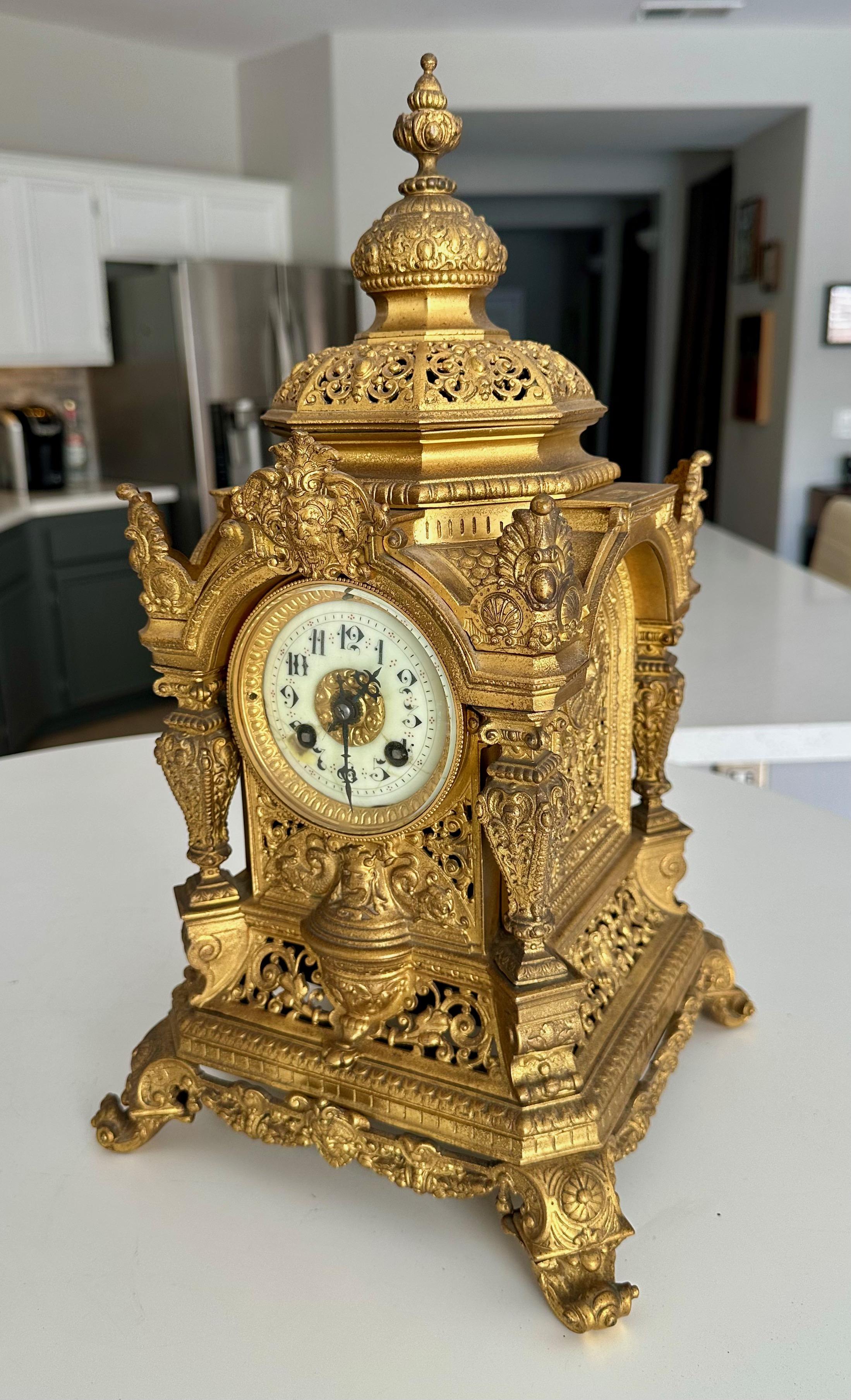 Brass Antique French Gilt Bronze Architectural Clock by S. Marti For Sale