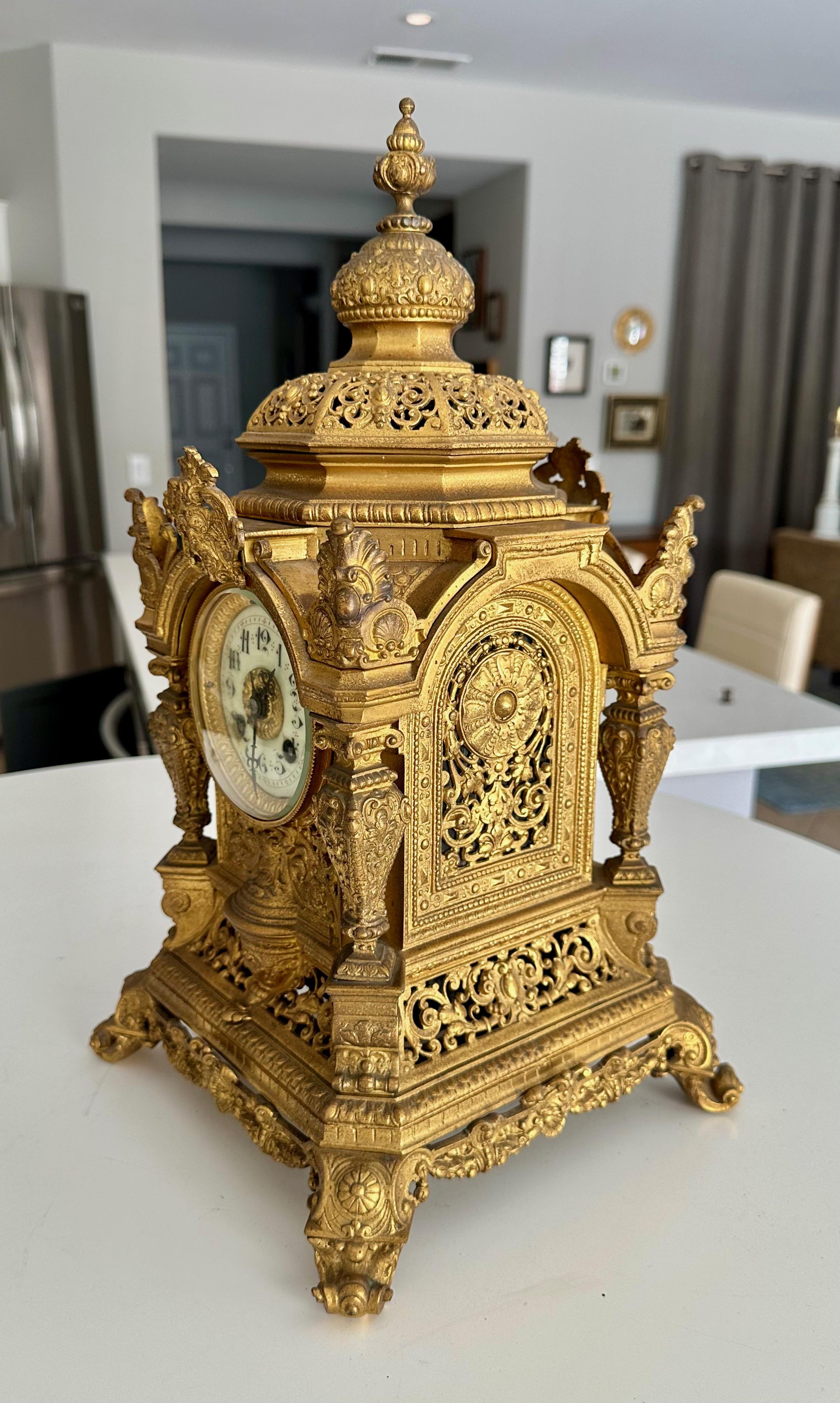 Antique French Gilt Bronze Architectural Clock by S. Marti For Sale 2