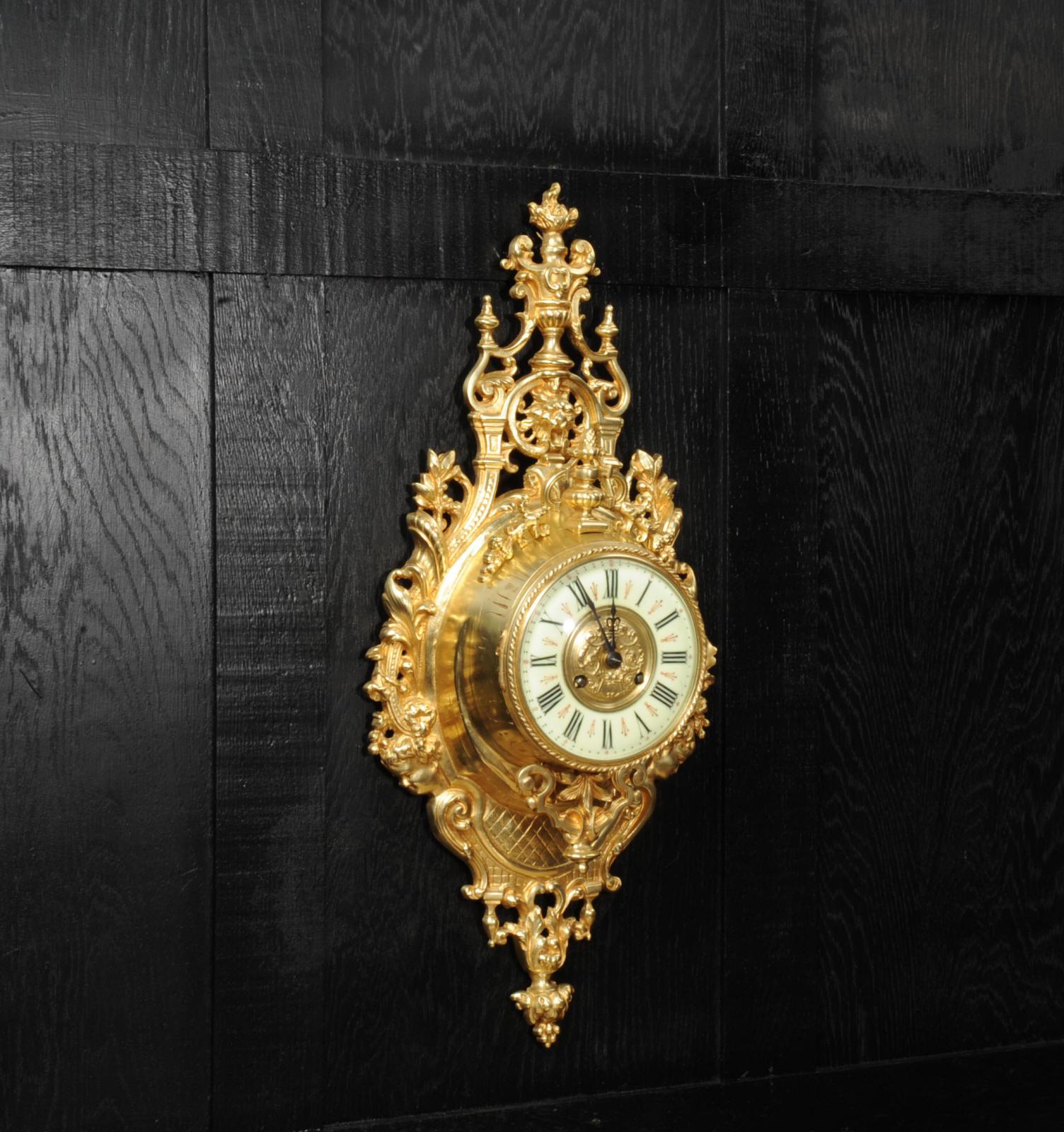 19th Century Antique French Gilt Bronze Baroque Cartel Wall Clock by Japy Freres