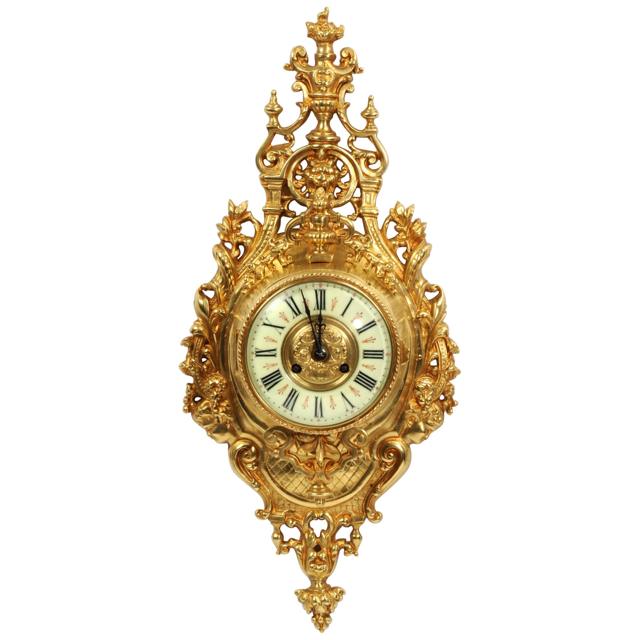 Antique French Gilt Bronze Baroque Cartel Wall Clock by Japy Freres