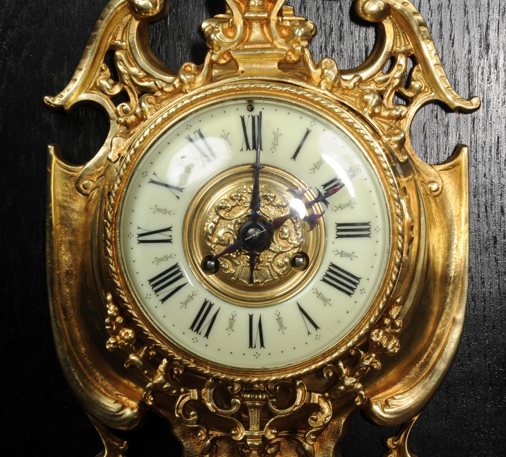 Antique French Gilt Bronze Baroque Cartel Wall Clock For Sale 5