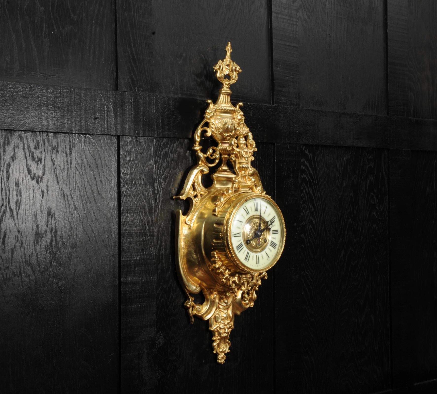 Antique French Gilt Bronze Baroque Cartel Wall Clock For Sale 1