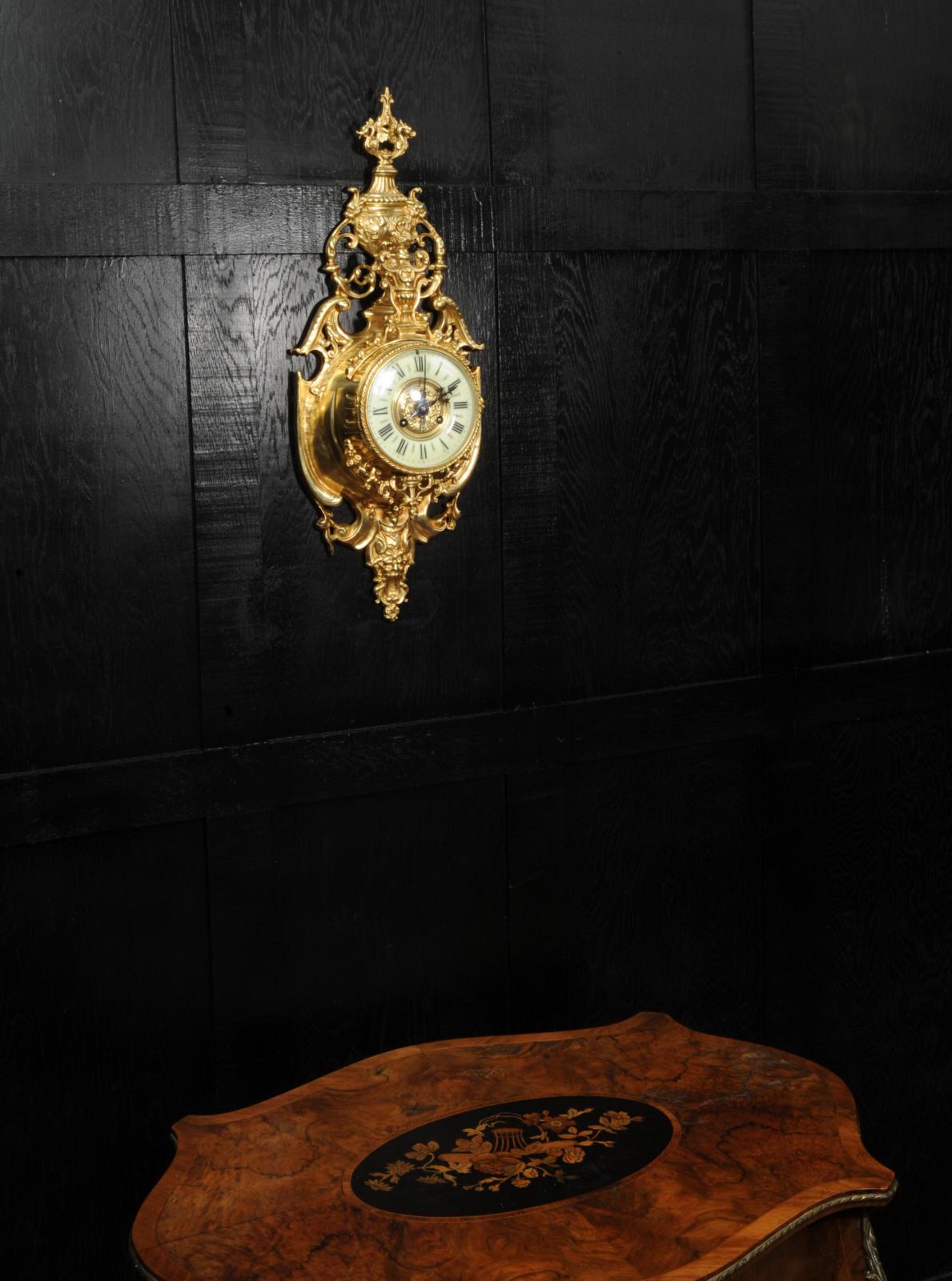Antique French Gilt Bronze Baroque Cartel Wall Clock For Sale 2