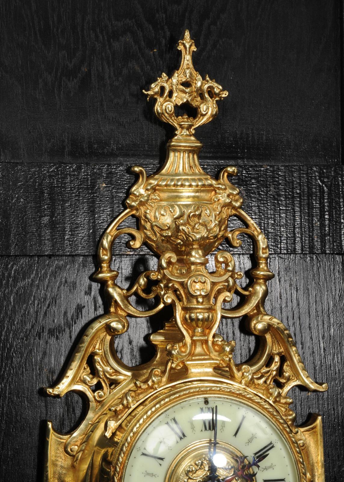 Antique French Gilt Bronze Baroque Cartel Wall Clock For Sale 3