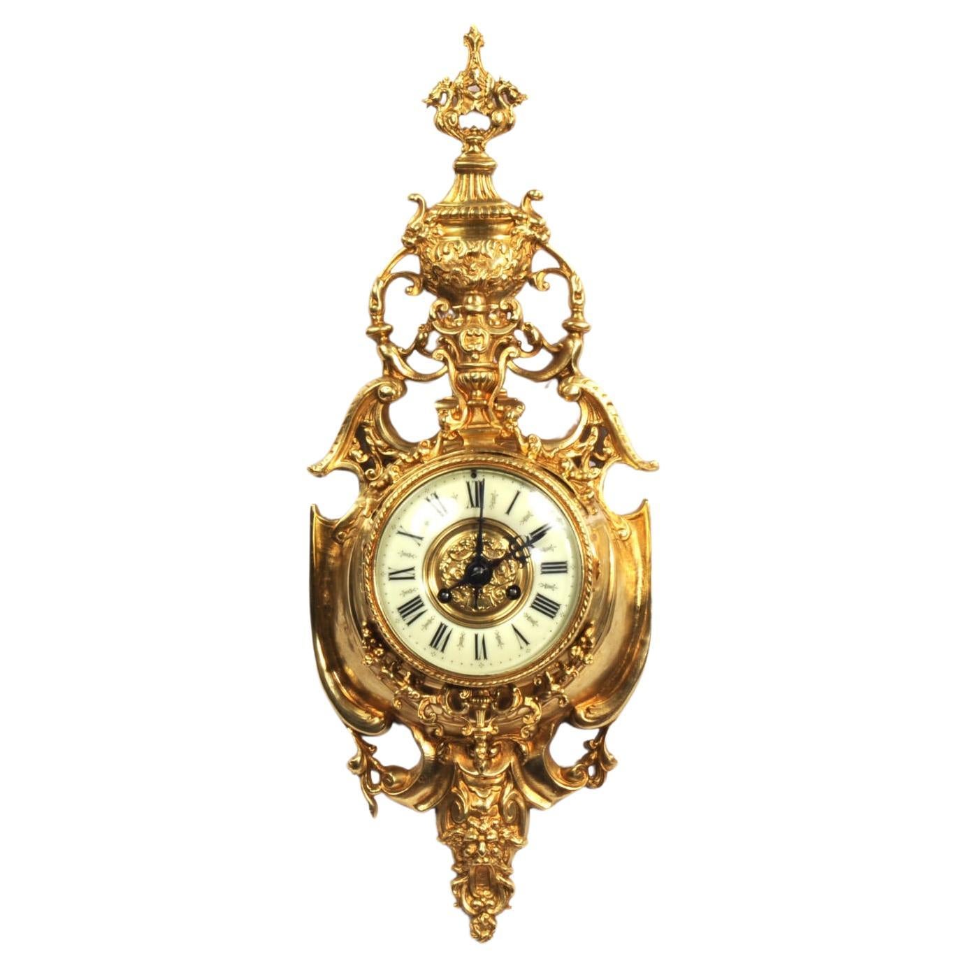 Antique French Gilt Bronze Baroque Cartel Wall Clock For Sale