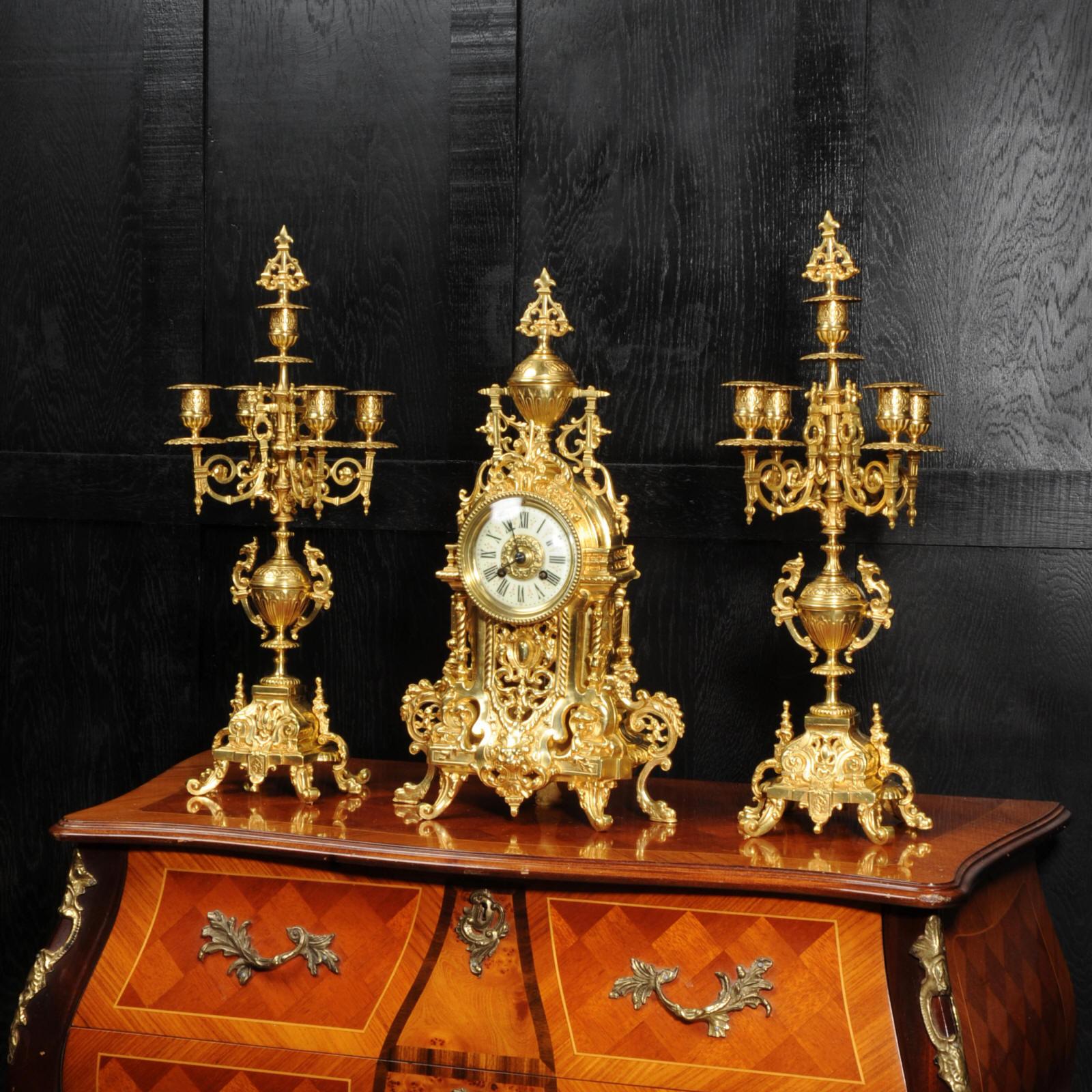 Antique French Gilt Bronze Baroque Clock Set In Good Condition In Belper, Derbyshire