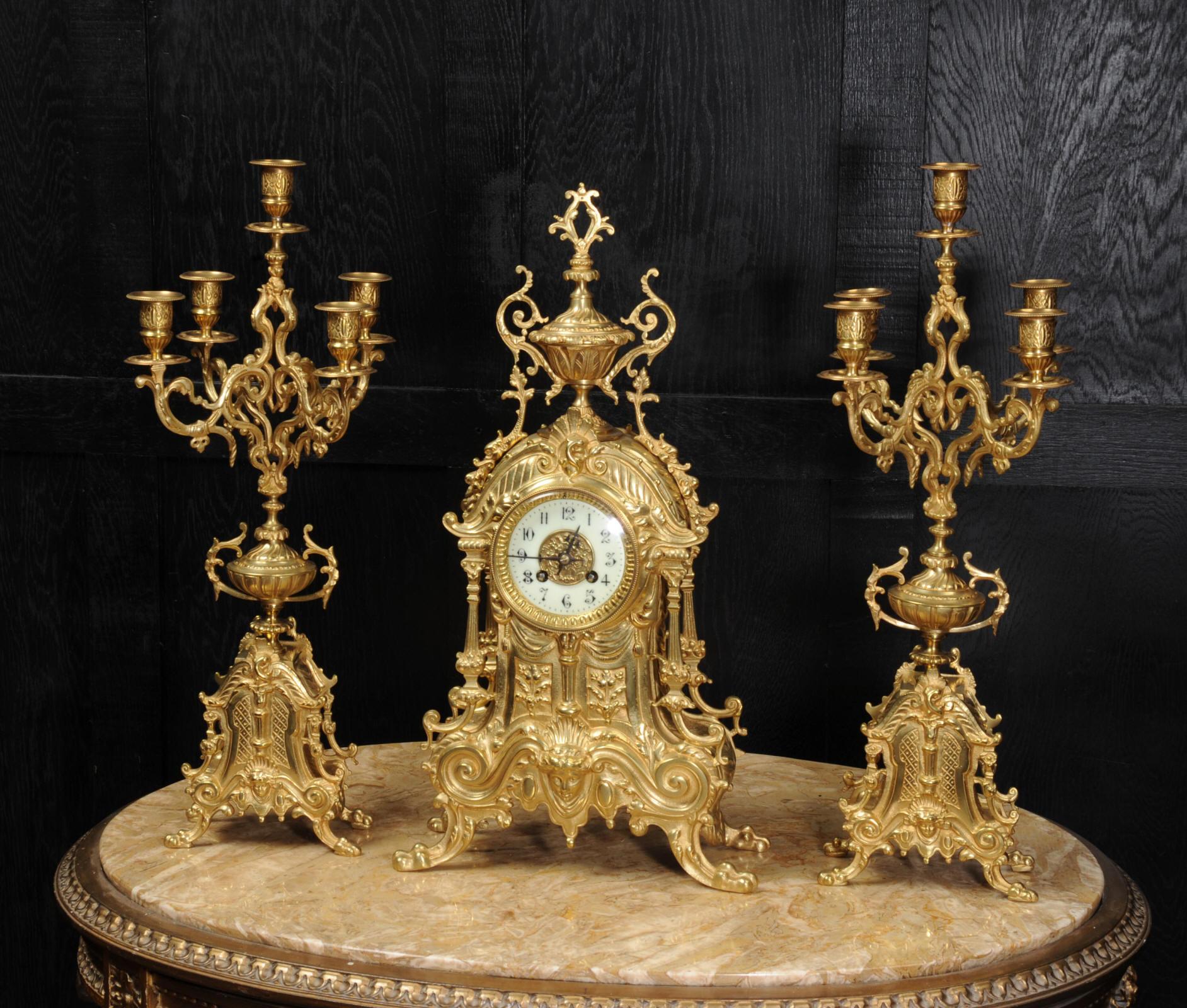 Antique French Gilt Bronze Baroque Clock Set In Good Condition In Belper, Derbyshire