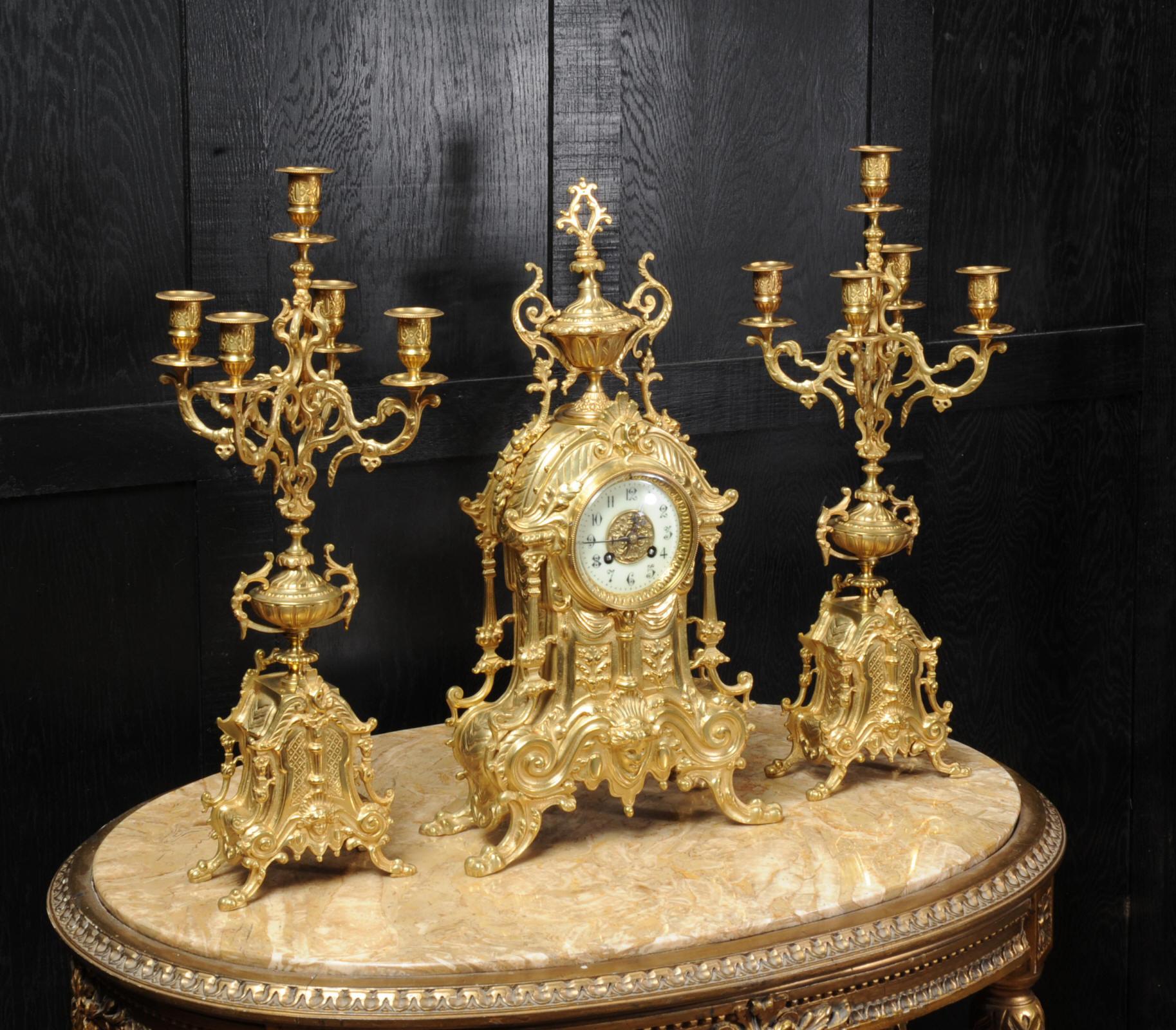 19th Century Antique French Gilt Bronze Baroque Clock Set