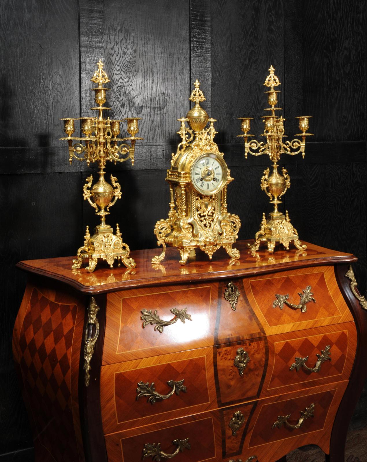 Antique French Gilt Bronze Baroque Clock Set 1