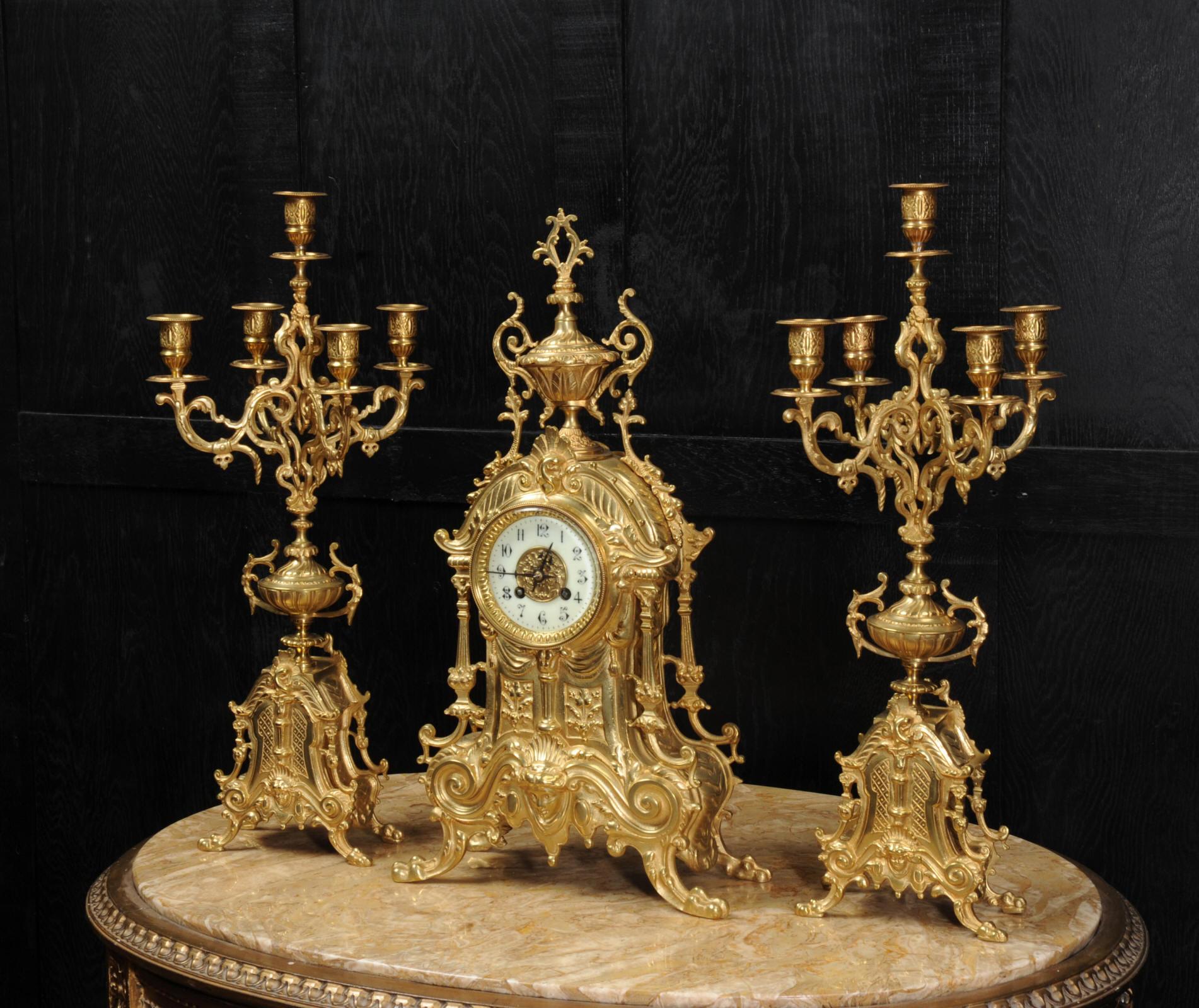 Antique French Gilt Bronze Baroque Clock Set 1