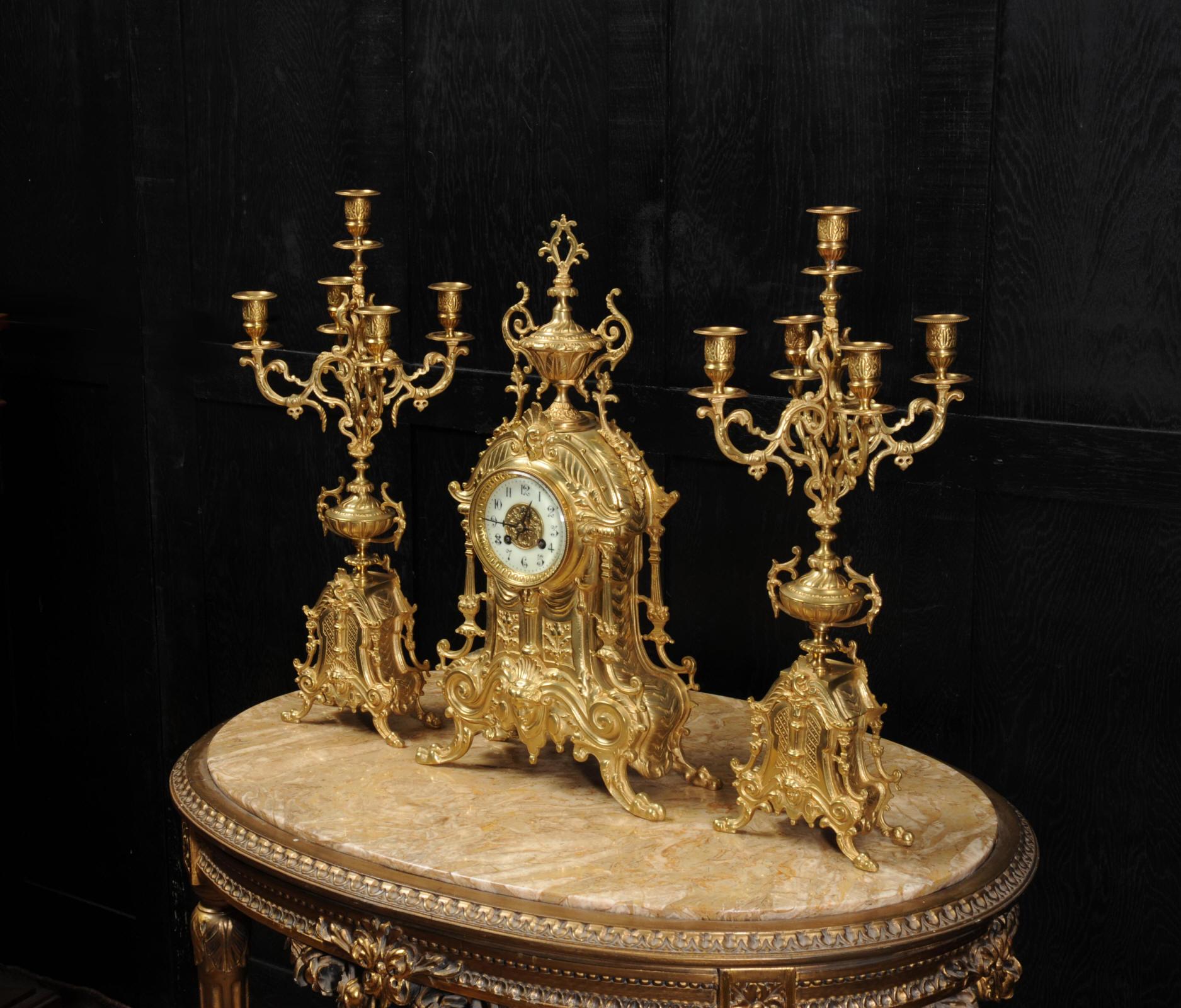 Antique French Gilt Bronze Baroque Clock Set 2