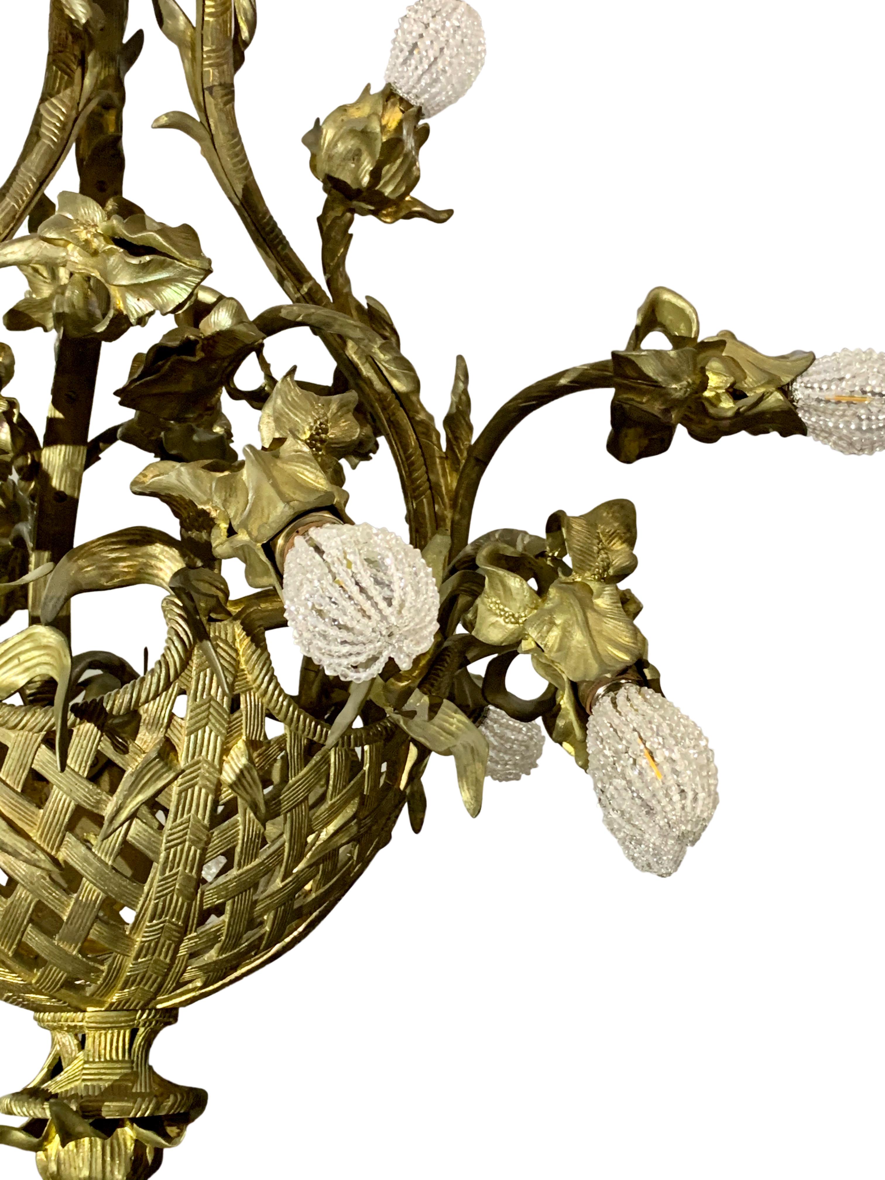 Neoclassical Antique French Gilt Bronze Chandelier, Basket of Flowers For Sale