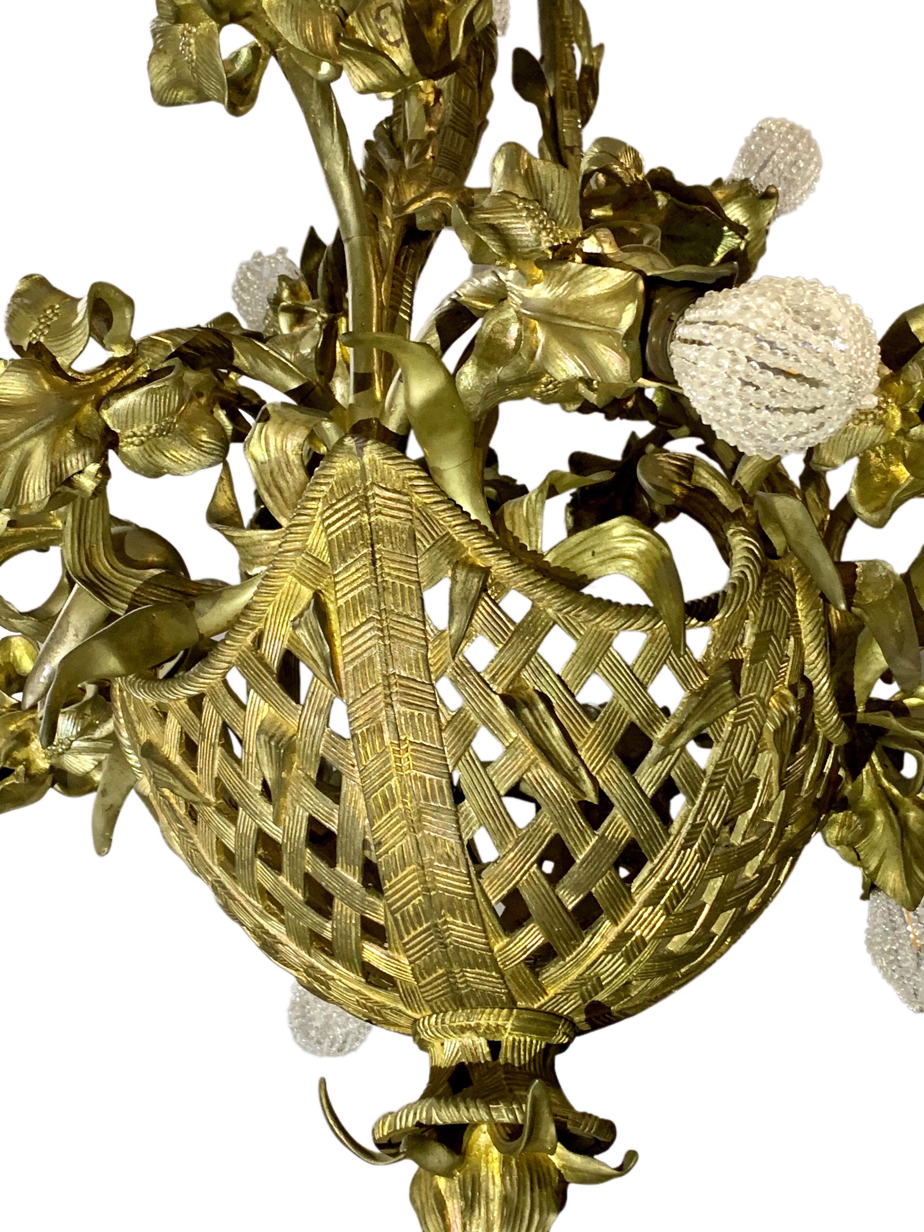 Antique French Gilt Bronze Chandelier, Basket of Flowers In Good Condition For Sale In Los Angeles, CA