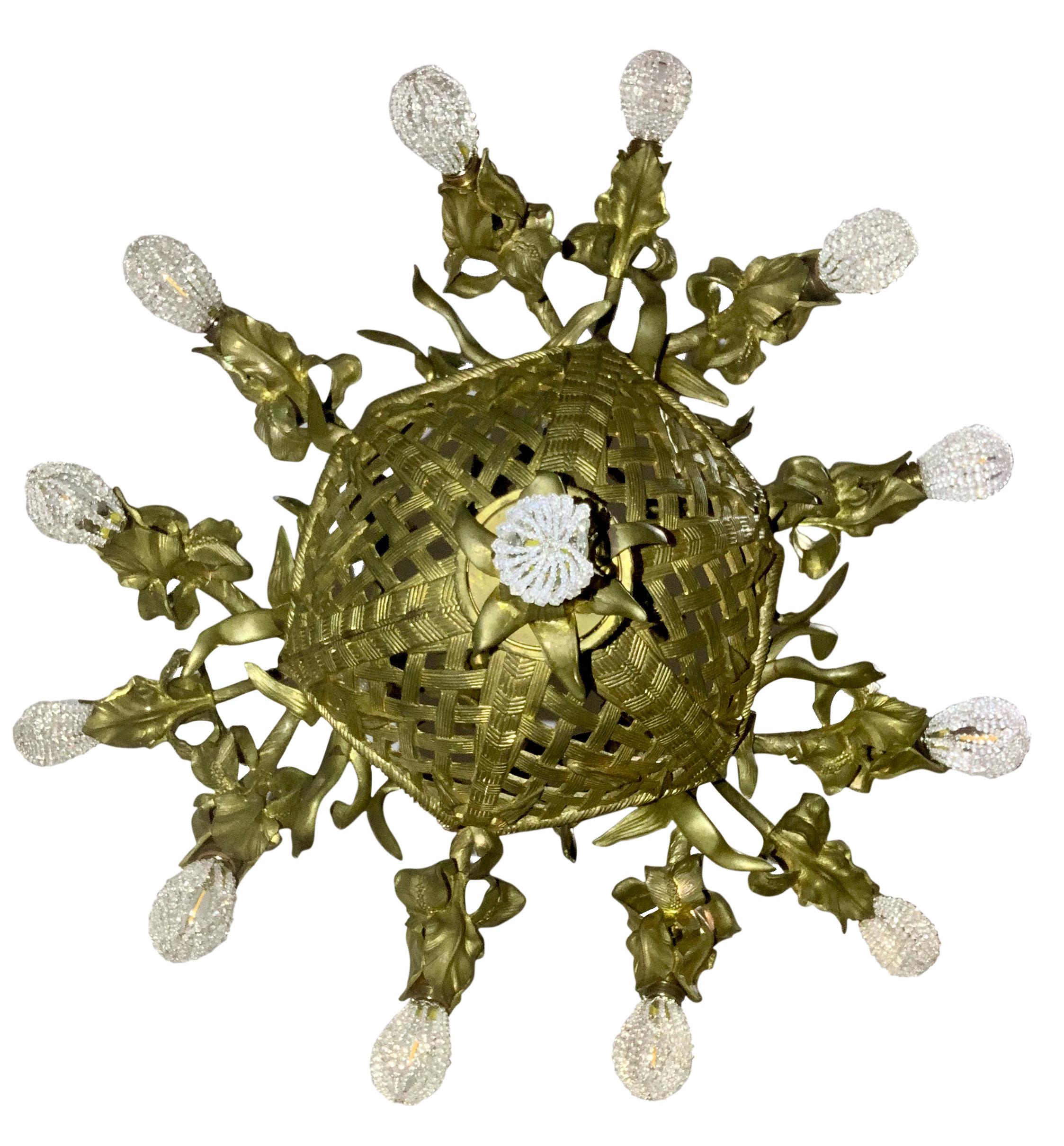 20th Century Antique French Gilt Bronze Chandelier, Basket of Flowers For Sale