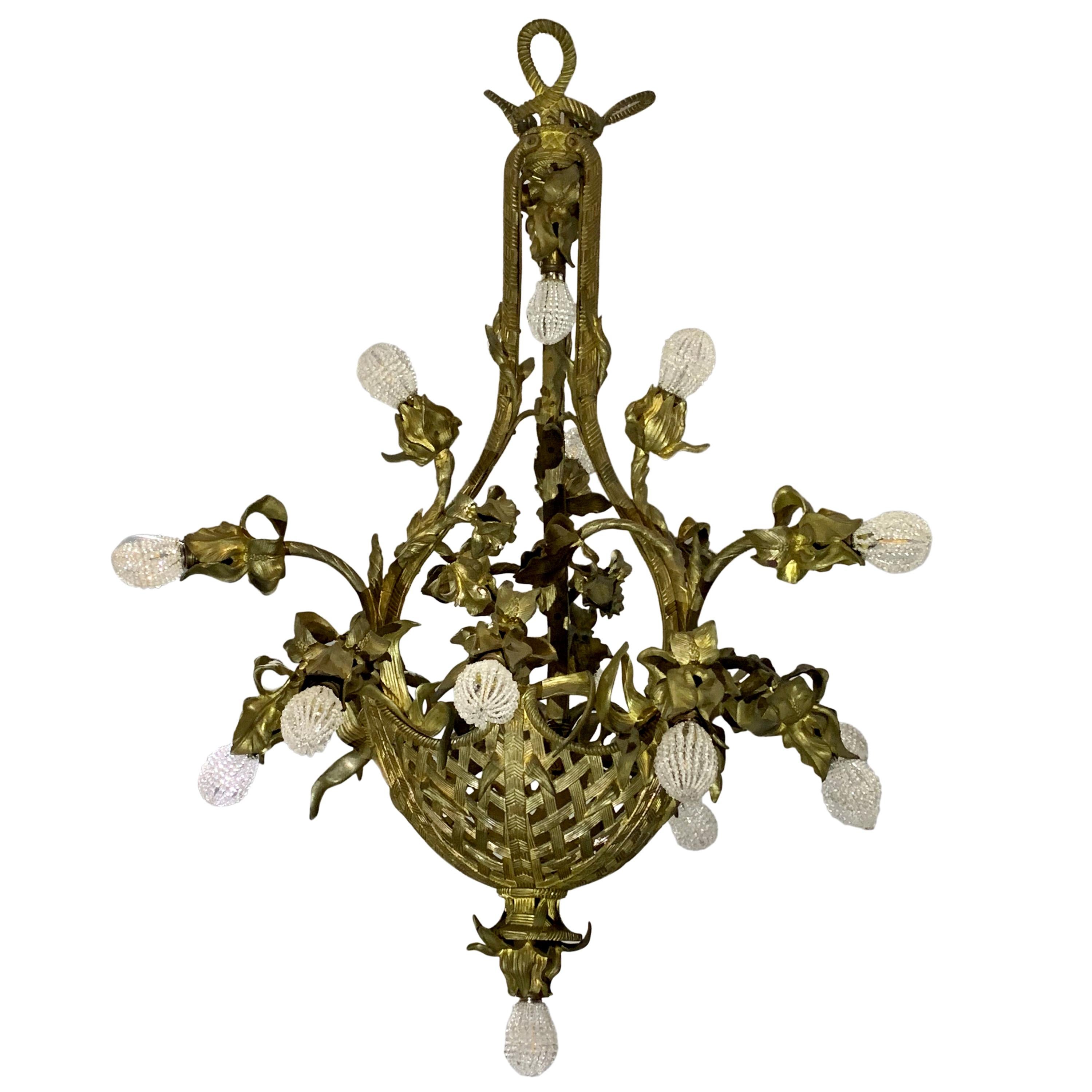 Antique French Gilt Bronze Chandelier, Basket of Flowers
