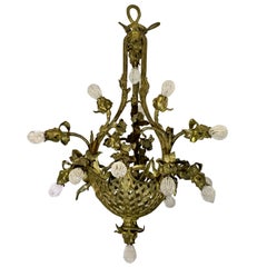 Lustre français ancien en bronze doré ancien, Corbeille de fleurs