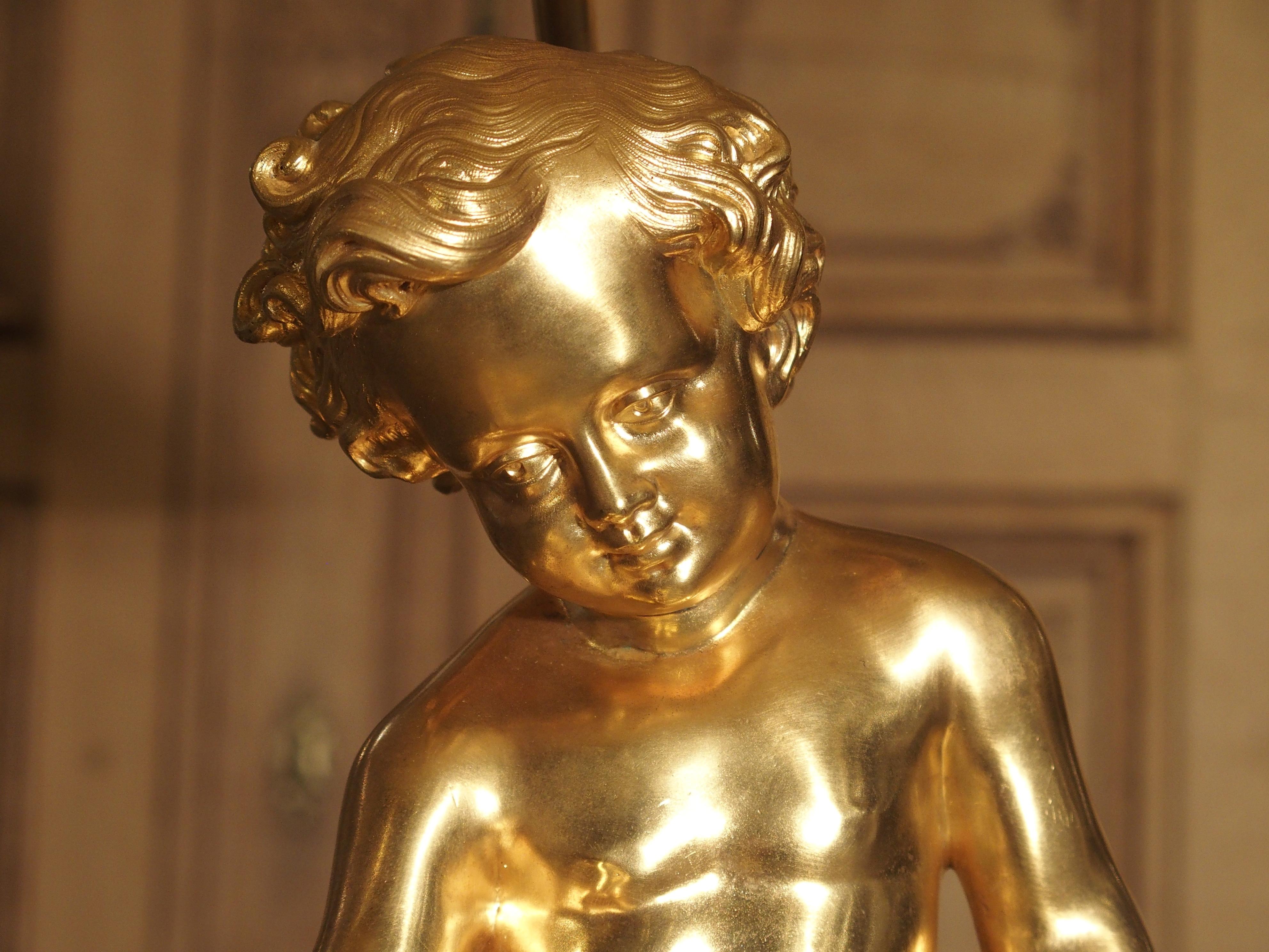 Antique French Gilt Bronze Cherub Lamp on Wooden Base 3