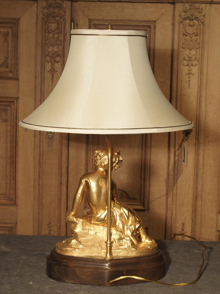 Antique French Gilt Bronze Cherub Lamp on Wooden Base For Sale 8