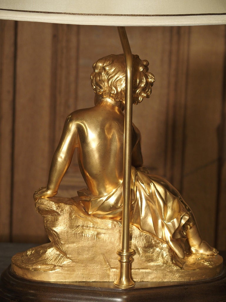 Antique French Gilt Bronze Cherub Lamp on Wooden Base For Sale 9