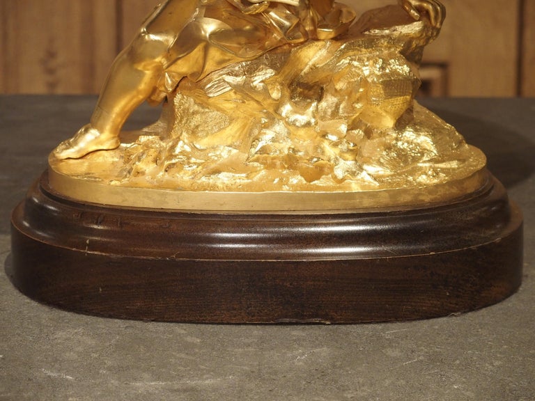 Antique French Gilt Bronze Cherub Lamp on Wooden Base In Good Condition For Sale In Dallas, TX
