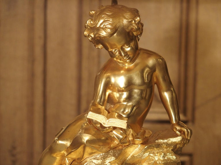 19th Century Antique French Gilt Bronze Cherub Lamp on Wooden Base For Sale