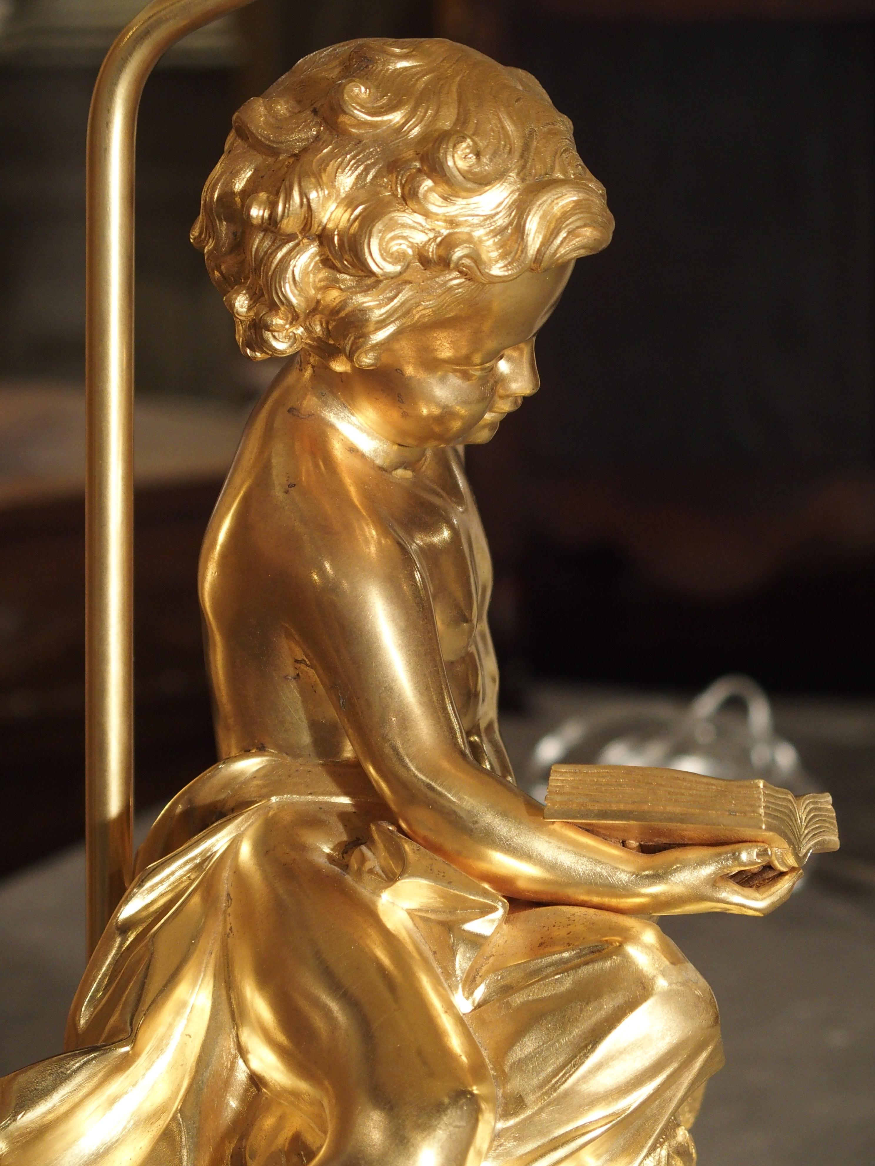 Antique French Gilt Bronze Cherub Lamp on Wooden Base In Good Condition In Dallas, TX