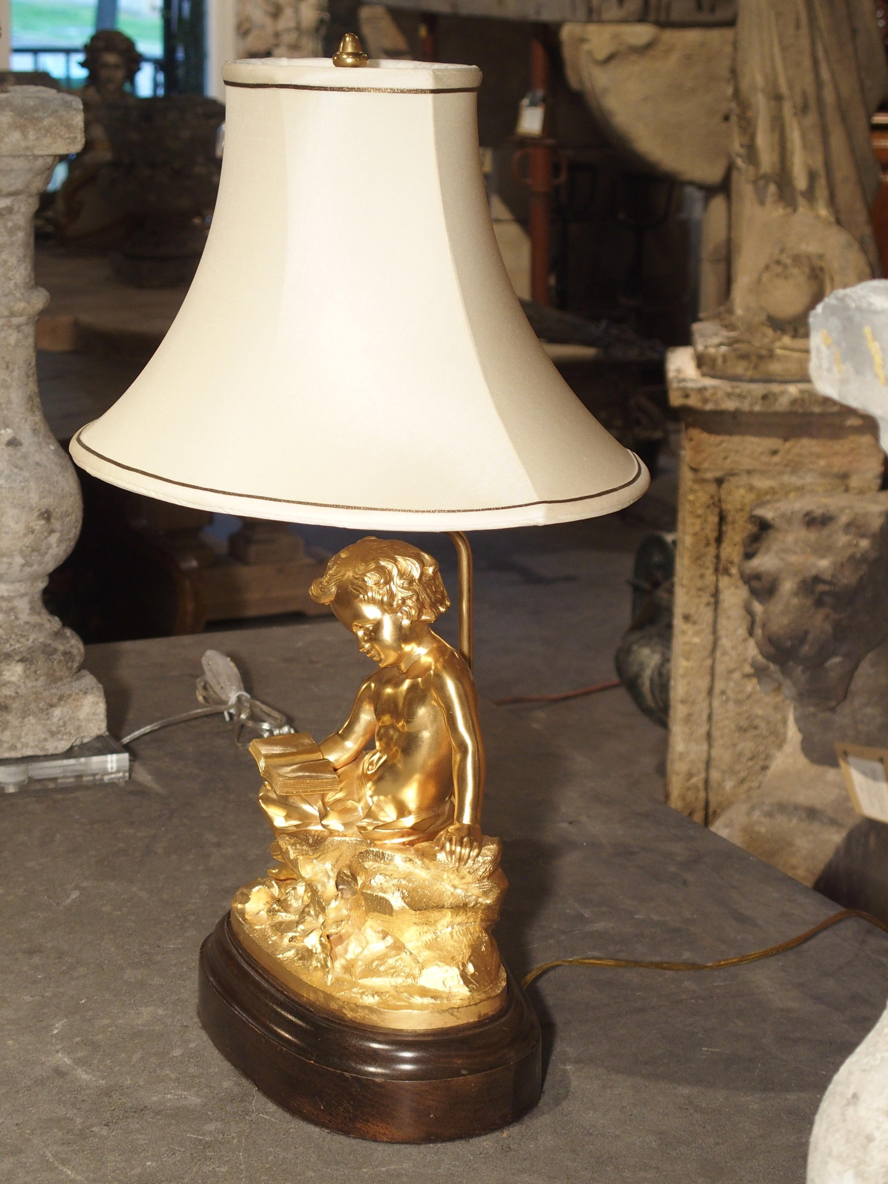 19th Century Antique French Gilt Bronze Cherub Lamp on Wooden Base