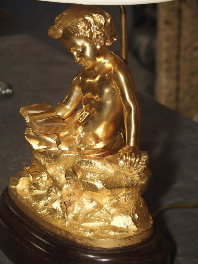 Antique French Gilt Bronze Cherub Lamp on Wooden Base For Sale 4