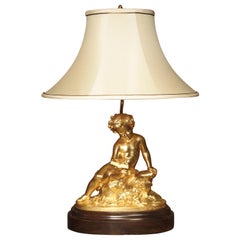 Antique French Gilt Bronze Cherub Lamp on Wooden Base