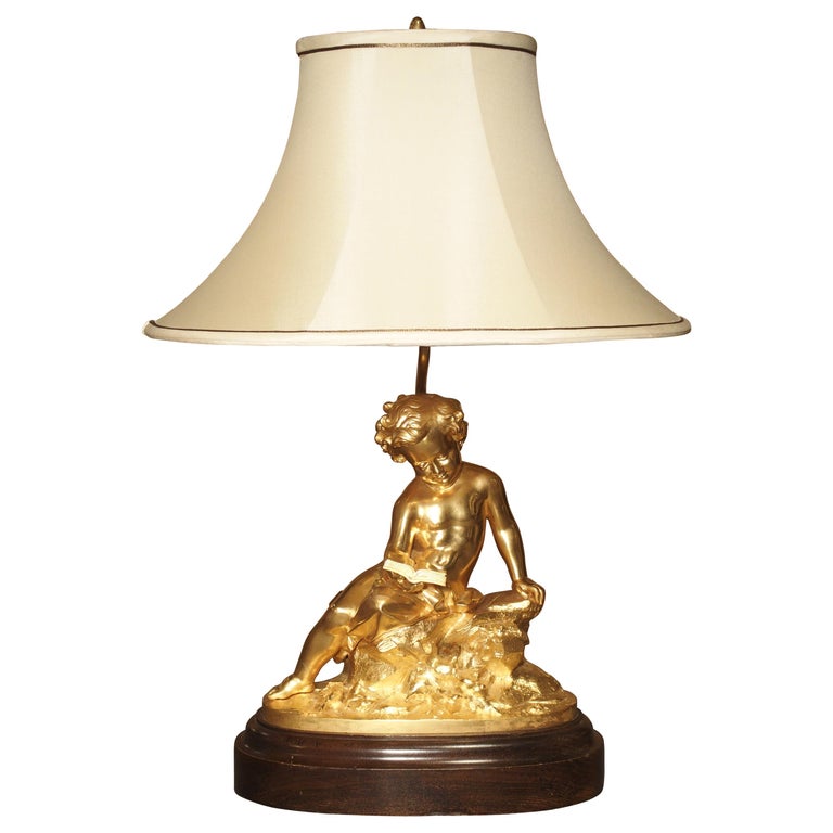 Antique French Gilt Bronze Cherub Lamp on Wooden Base For Sale