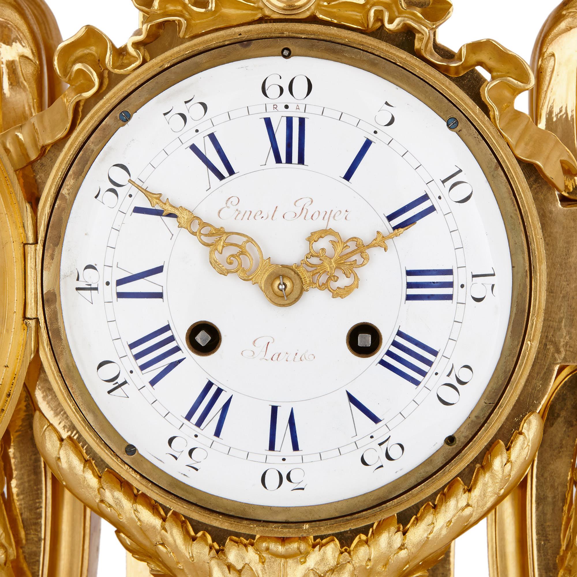 Louis XV Antique French Gilt Bronze Clock Set by Royer For Sale