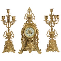 Antique French Gilt Bronze Clock Set by Vincenti