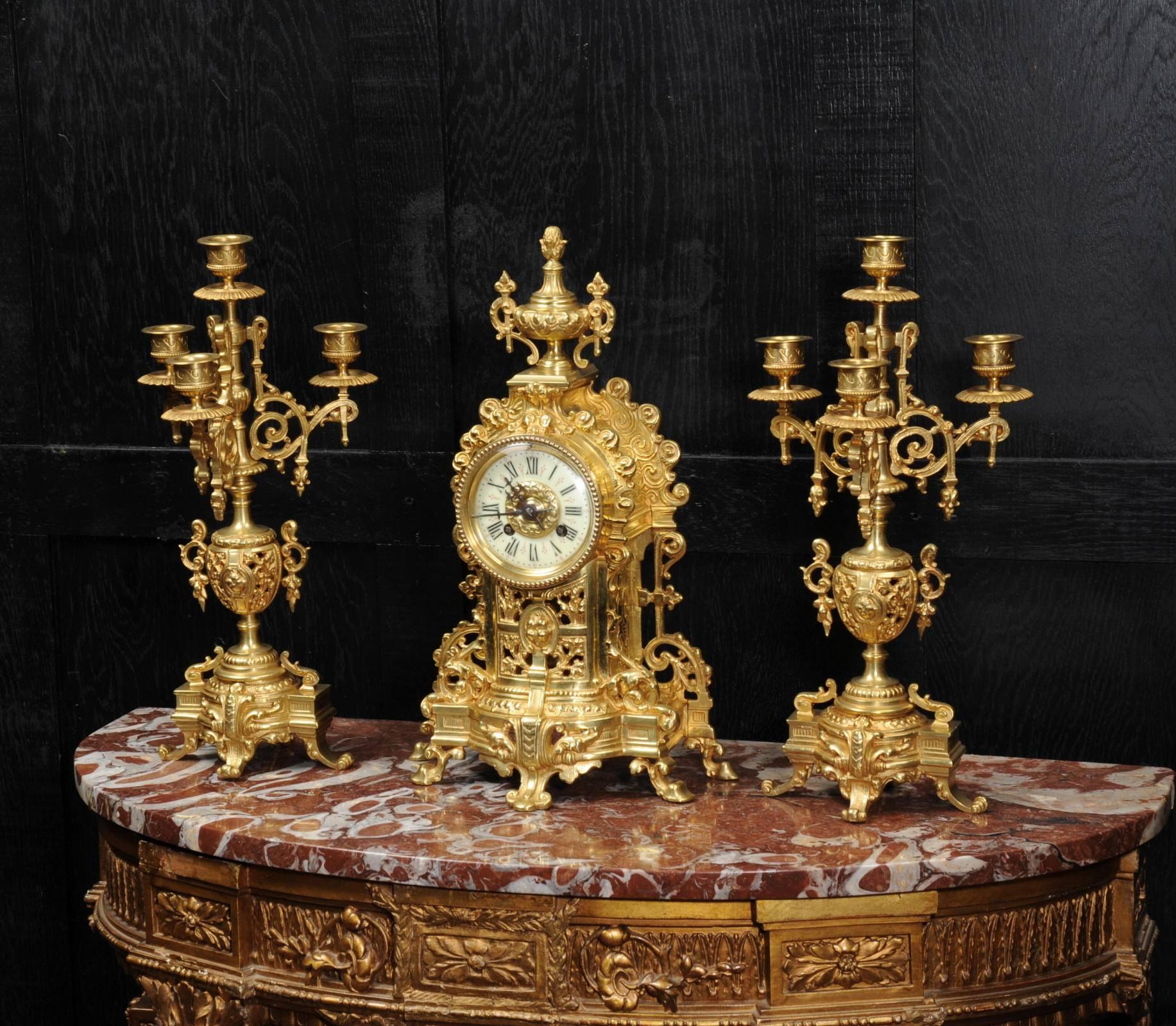 Neoclassical Antique French Gilt Bronze Clock Set