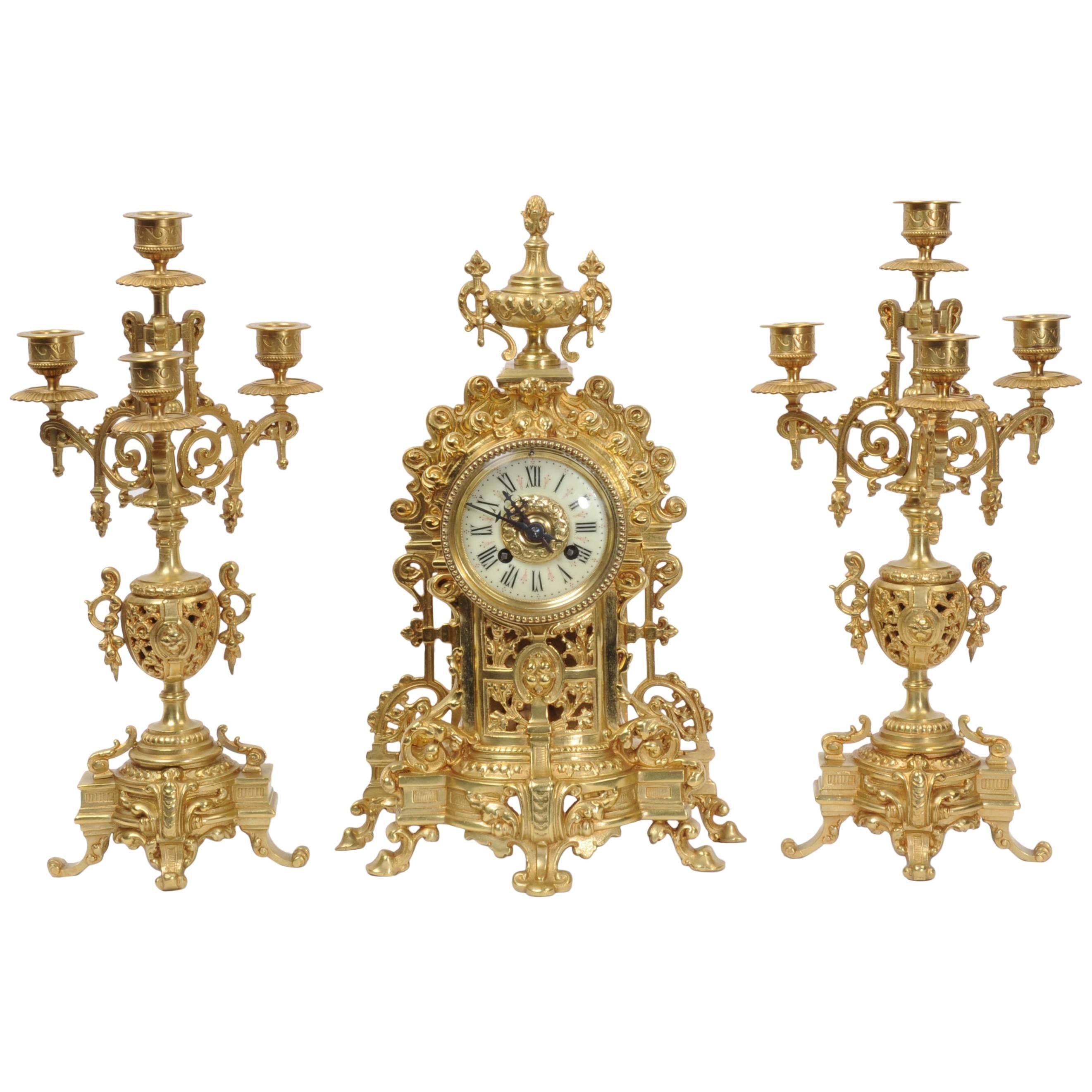 Antique French Gilt Bronze Clock Set