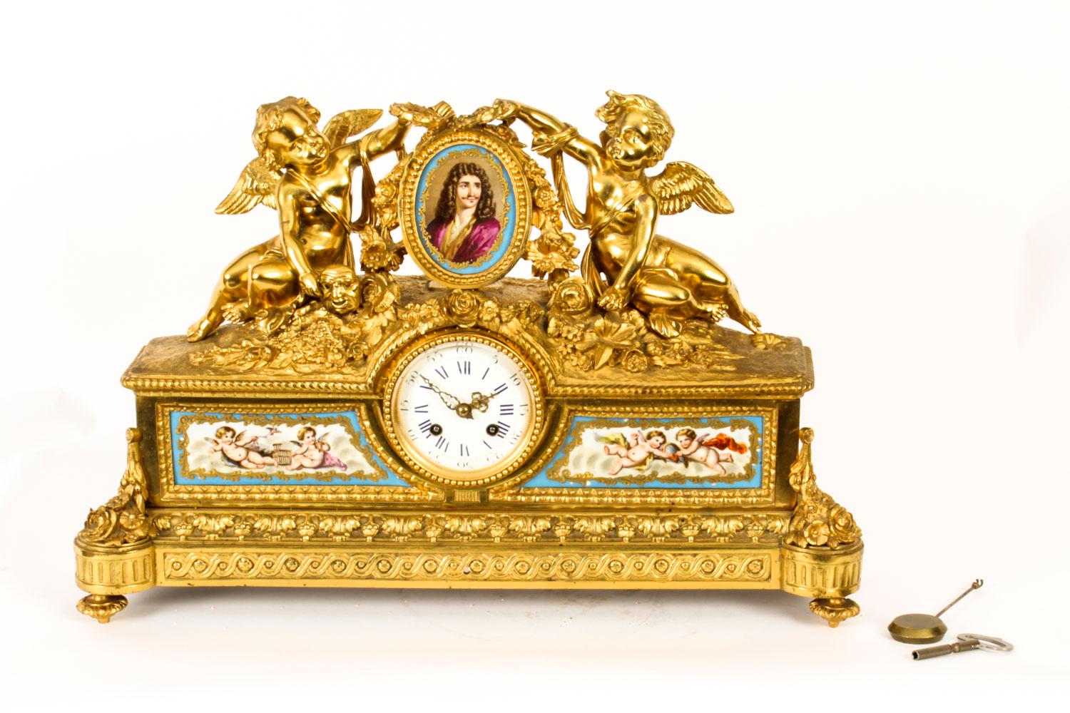 Antique French Gilt Bronze Clock with Portrait Plaque of Molière, 19th Century For Sale 8