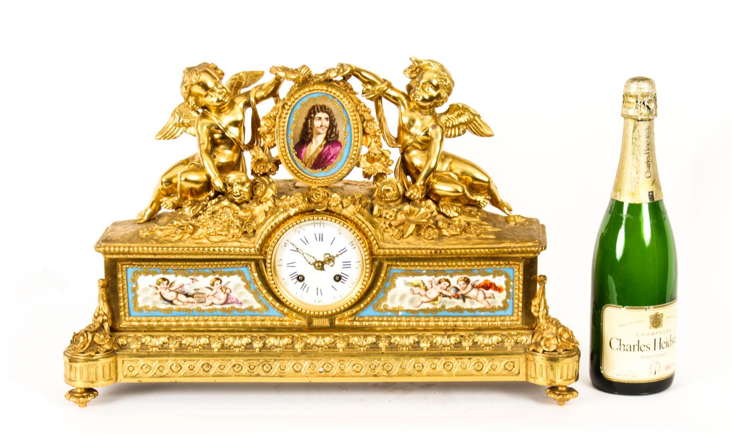 Antique French Gilt Bronze Clock with Portrait Plaque of Molière, 19th Century For Sale 12