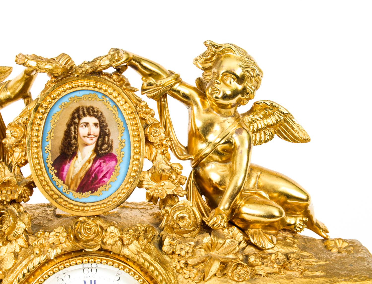 Mid-19th Century Antique French Gilt Bronze Clock with Portrait Plaque of Molière, 19th Century For Sale