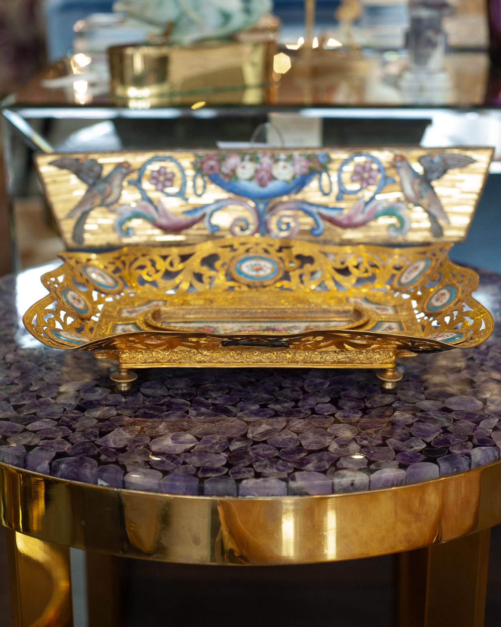 Antique French Gilt Bronze Desk / Inkwell Tray with Sévres Porcelain Plaques In Good Condition For Sale In Toronto, ON