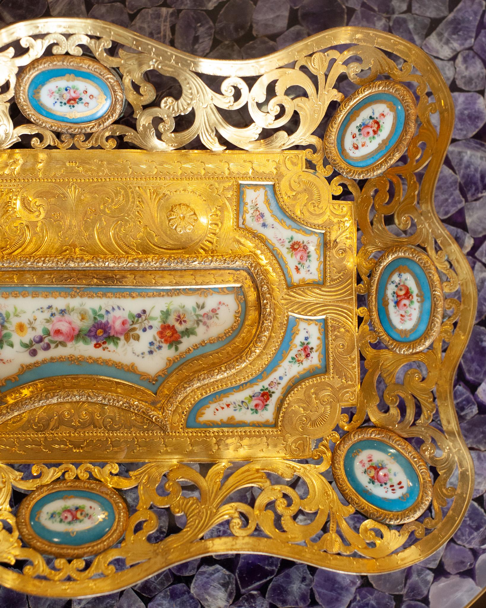 19th Century Antique French Gilt Bronze Desk / Inkwell Tray with Sévres Porcelain Plaques For Sale