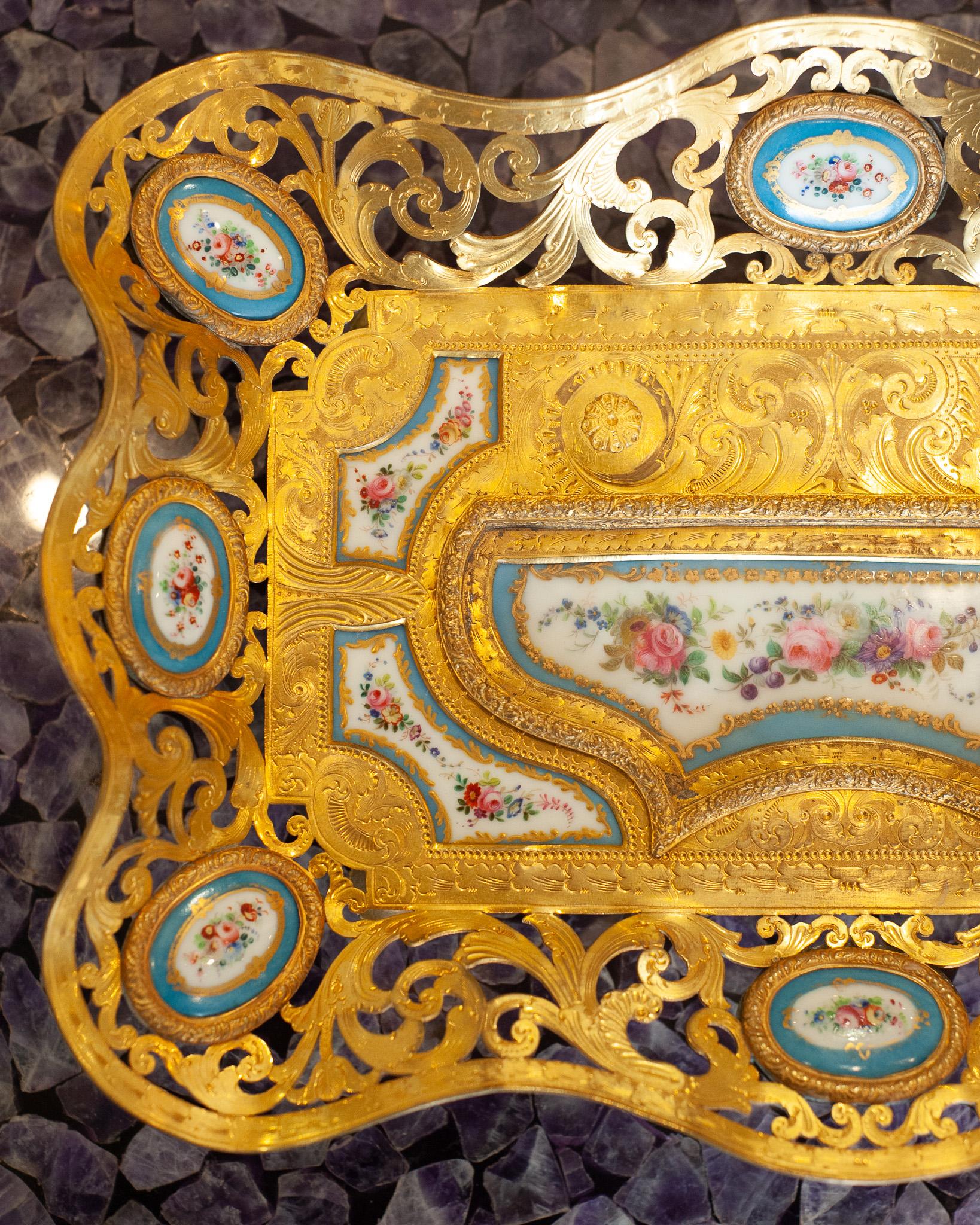 Antique French Gilt Bronze Desk / Inkwell Tray with Sévres Porcelain Plaques For Sale 1