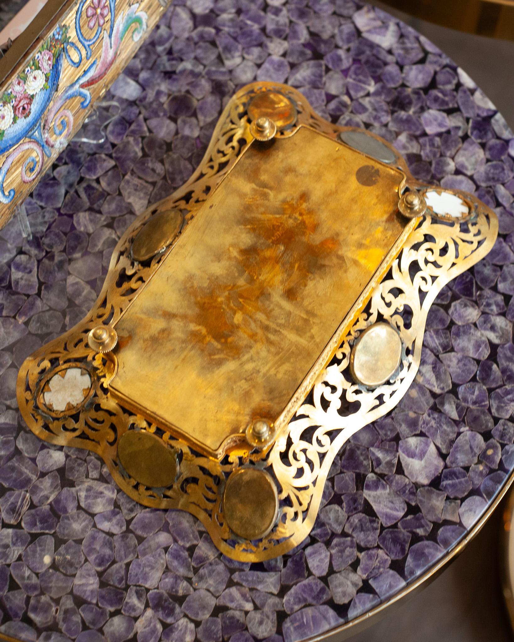 Antique French Gilt Bronze Desk / Inkwell Tray with Sévres Porcelain Plaques For Sale 2