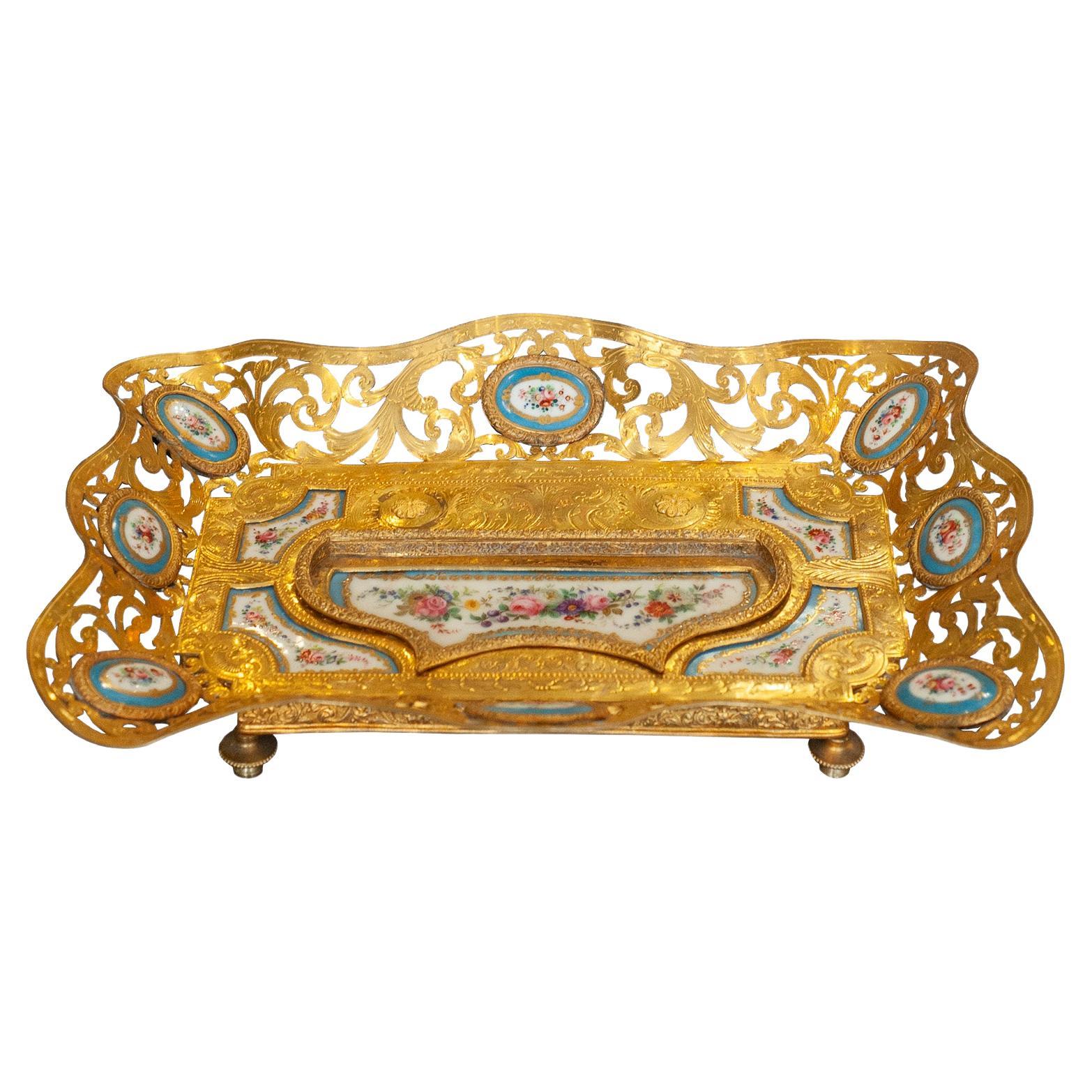 Antique French Gilt Bronze Desk / Inkwell Tray with Sévres Porcelain Plaques